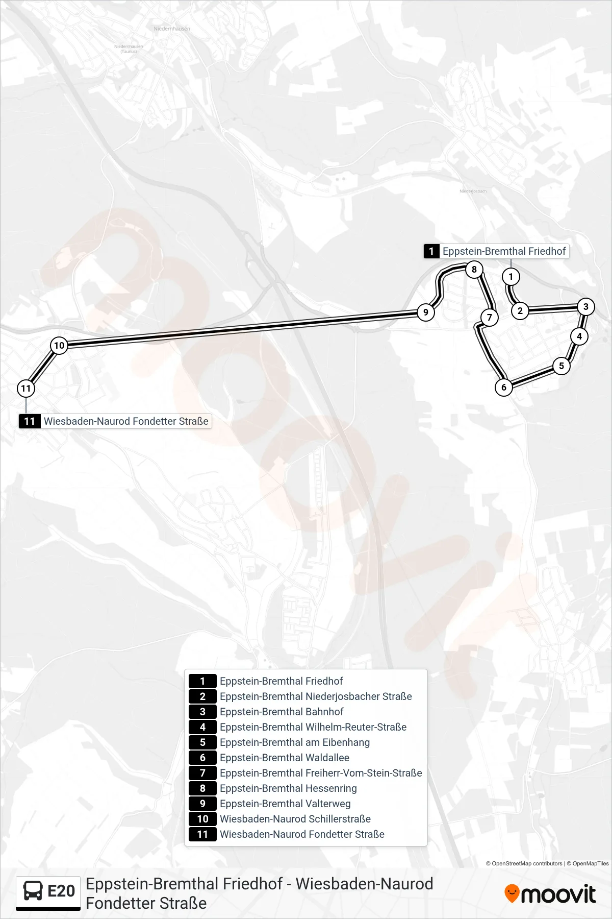 Linie E20 (Bus) Richtung Wiesbaden-Naurod Fondetter Straße: Route und Haltestellen auf der Karte