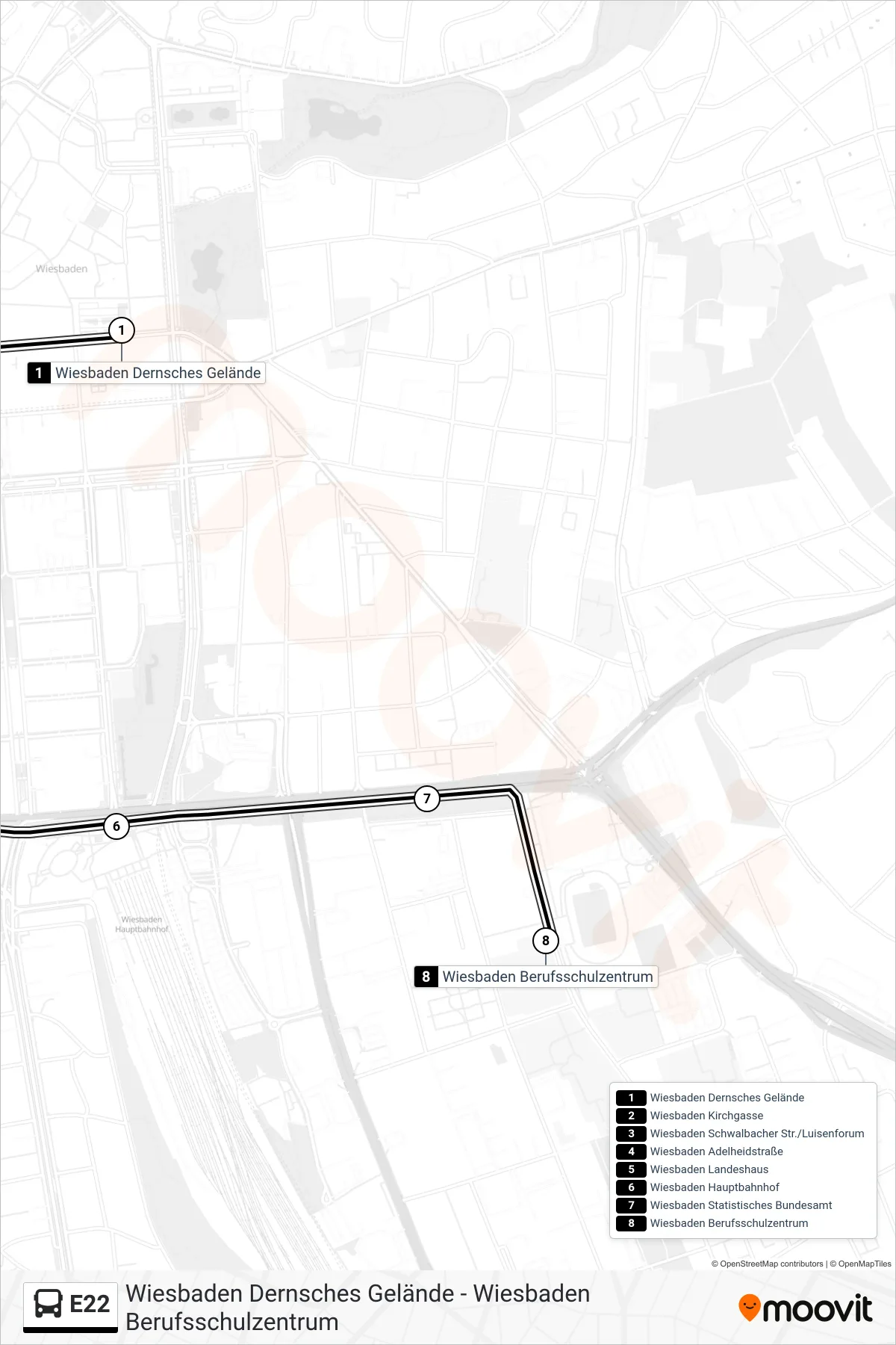 Linie E22 (Bus) Richtung Wiesbaden Berufsschulzentrum: Route und Haltestellen auf der Karte