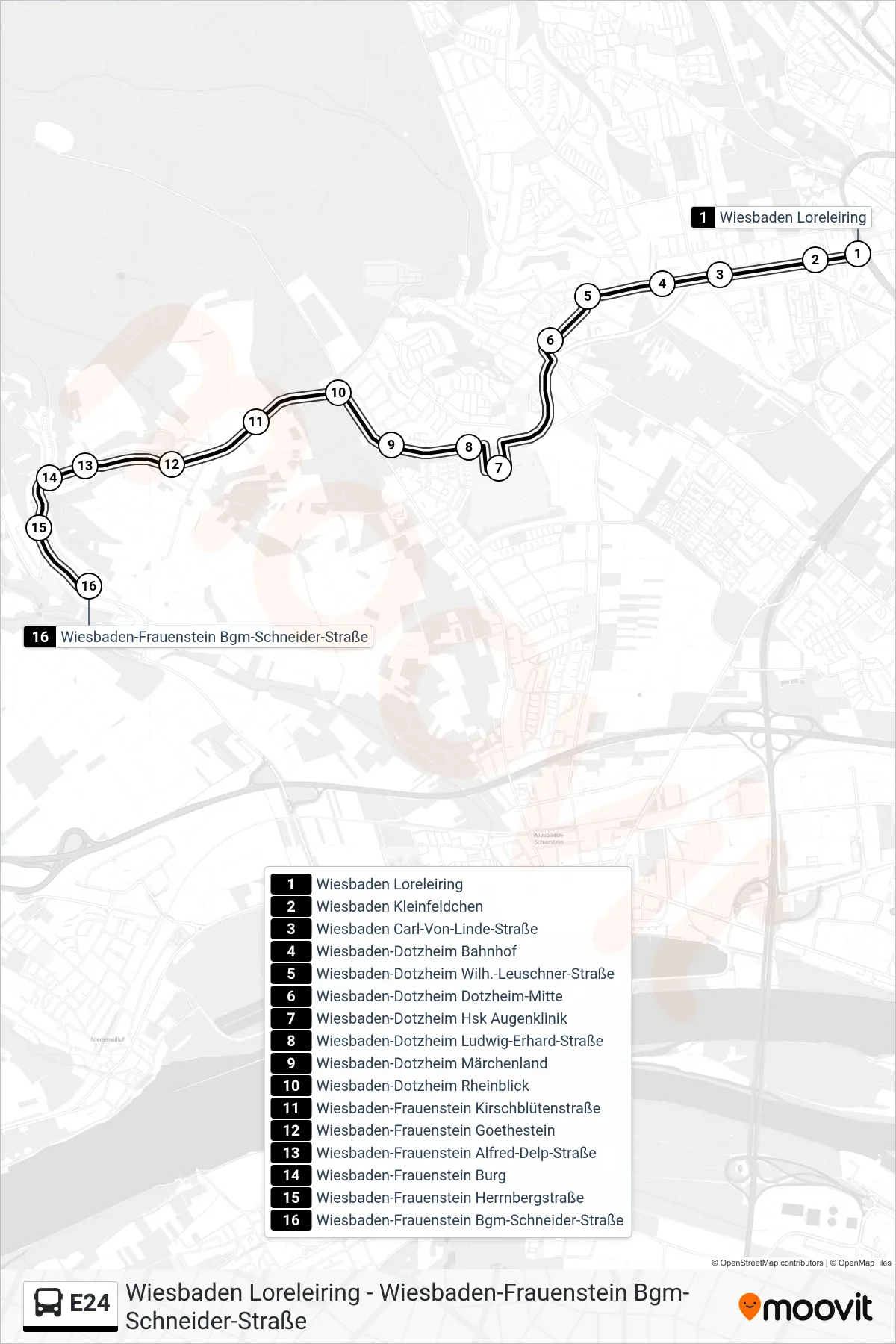 Linie E24 (Bus) Richtung Wiesbaden-Frauenstein Bgm-Schneider-Straße: Route und Haltestellen auf der Karte