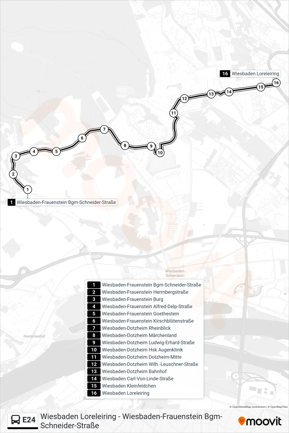 Linie E24 (Bus) Richtung Wiesbaden Loreleiring: Route und Haltestellen auf der Karte