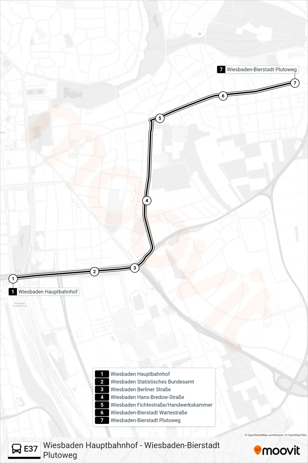 Linie E37 (Bus) Richtung Wiesbaden-Bierstadt Plutoweg: Route und Haltestellen auf der Karte