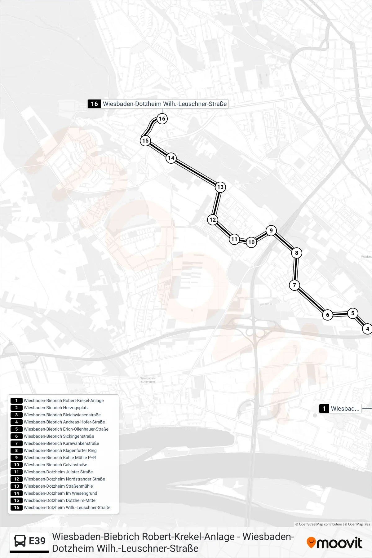 E39 bus Line (Wiesbaden-Dotzheim Wilh.-Leuschner-Straße) route and stops on a map