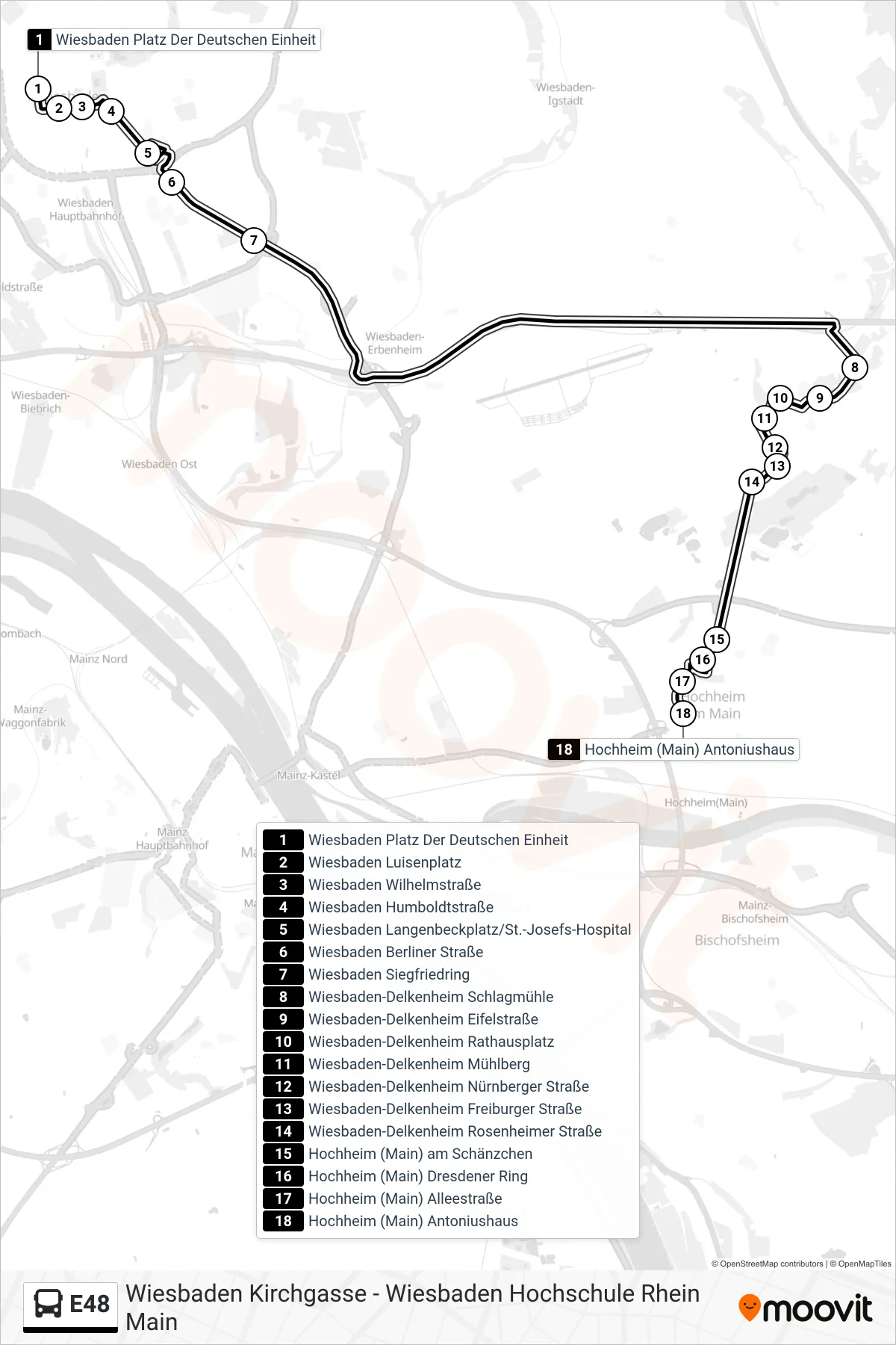 Linie E48 (Bus) Richtung Hochheim (Main) Antoniushaus: Route und Haltestellen auf der Karte
