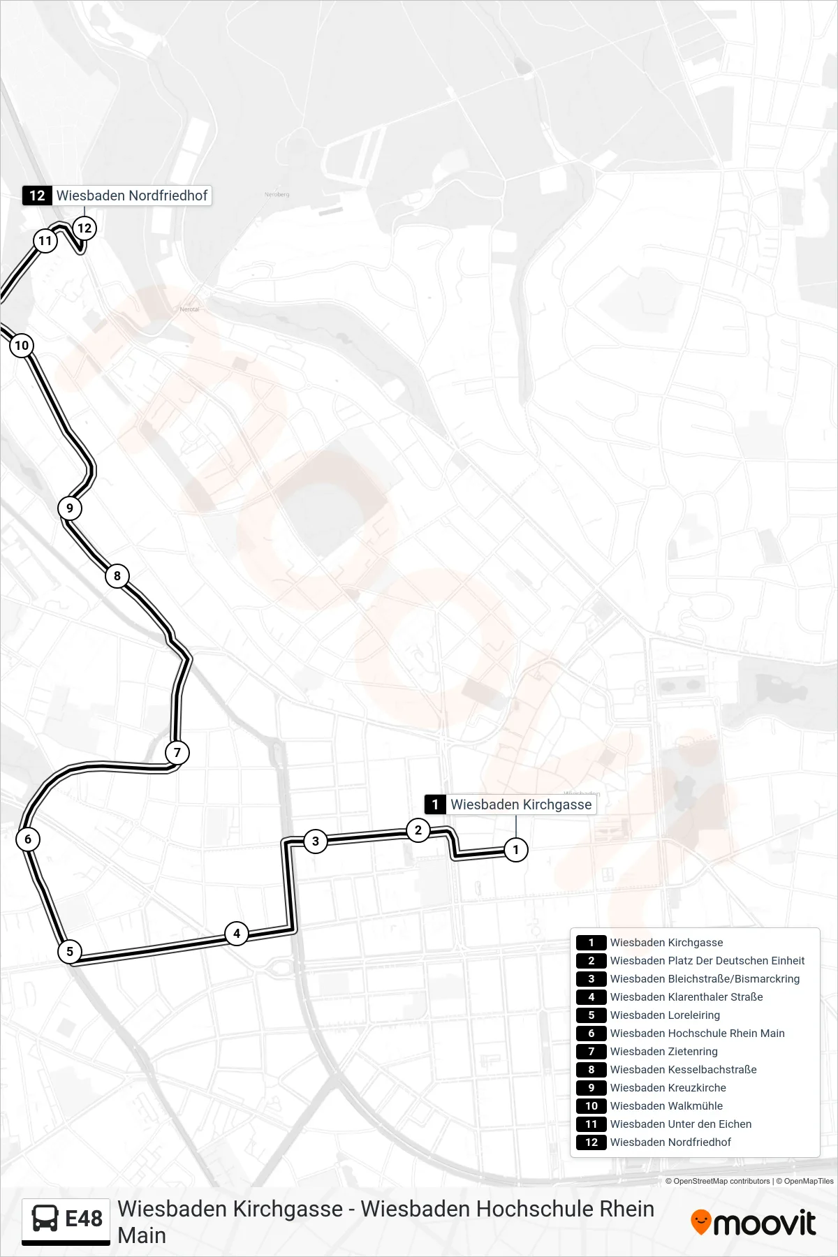 Linie E48 (Bus) Richtung Wiesbaden Nordfriedhof: Route und Haltestellen auf der Karte