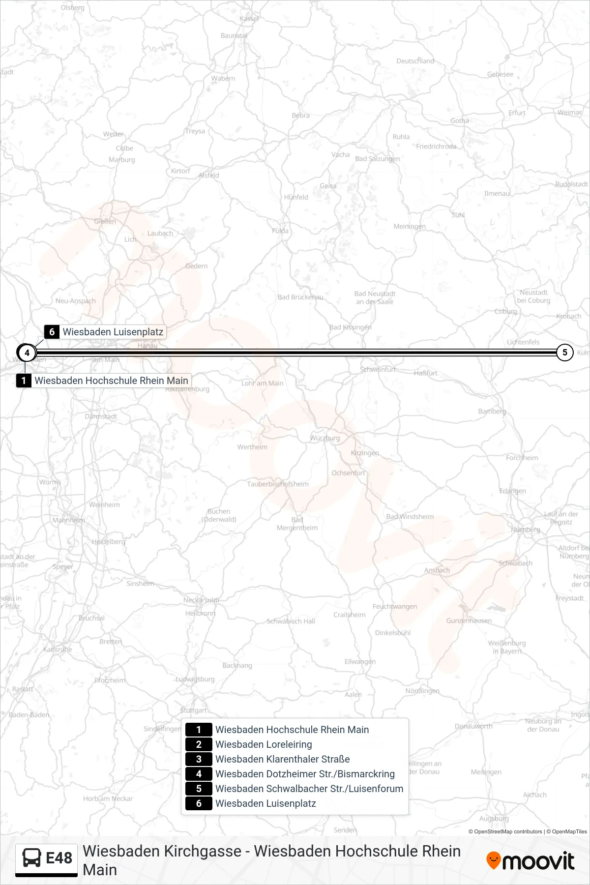 Linie E48 (Bus) Richtung Wiesbaden Luisenplatz: Route und Haltestellen auf der Karte