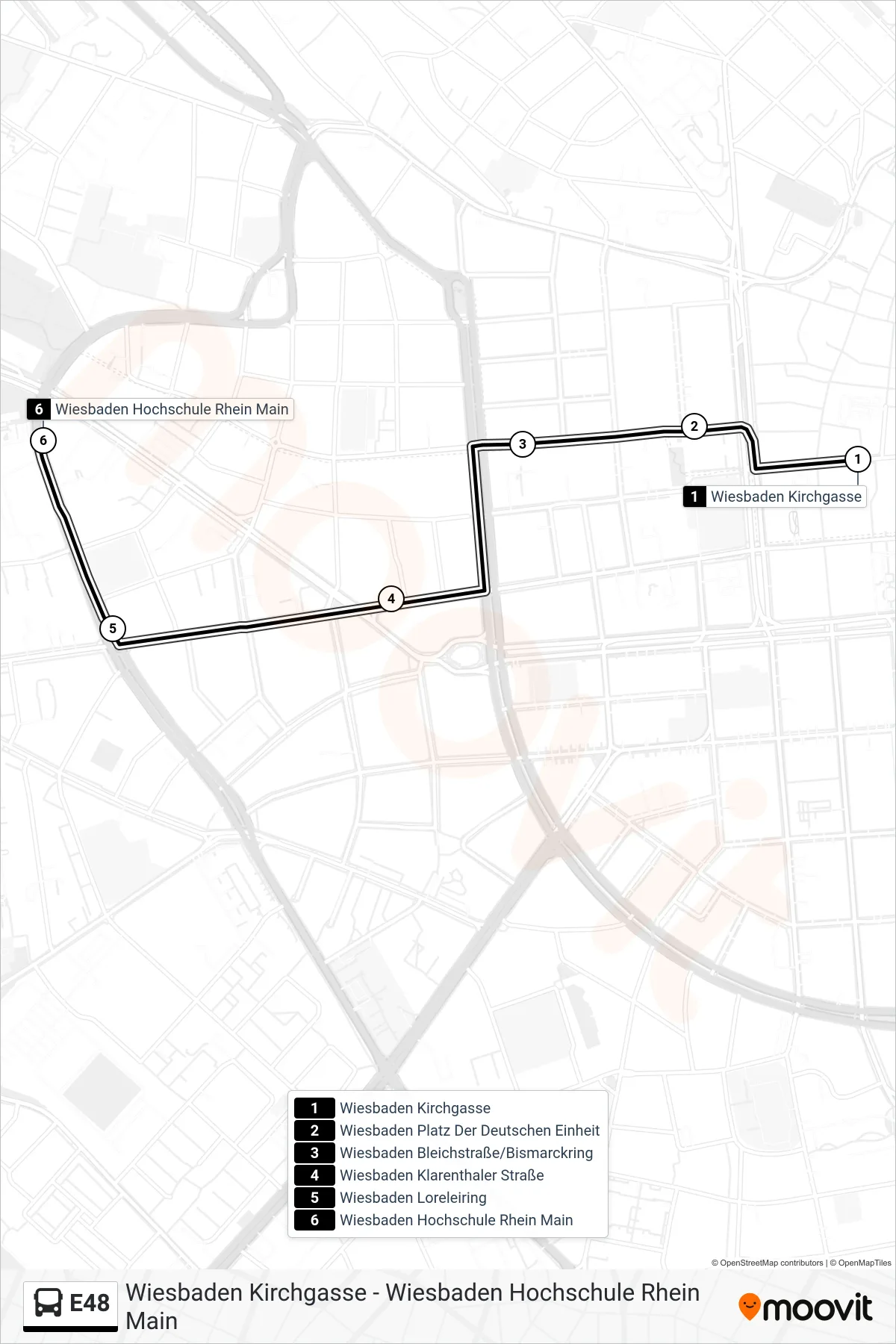 Linie E48 (Bus) Richtung Wiesbaden Hochschule Rhein Main: Route und Haltestellen auf der Karte
