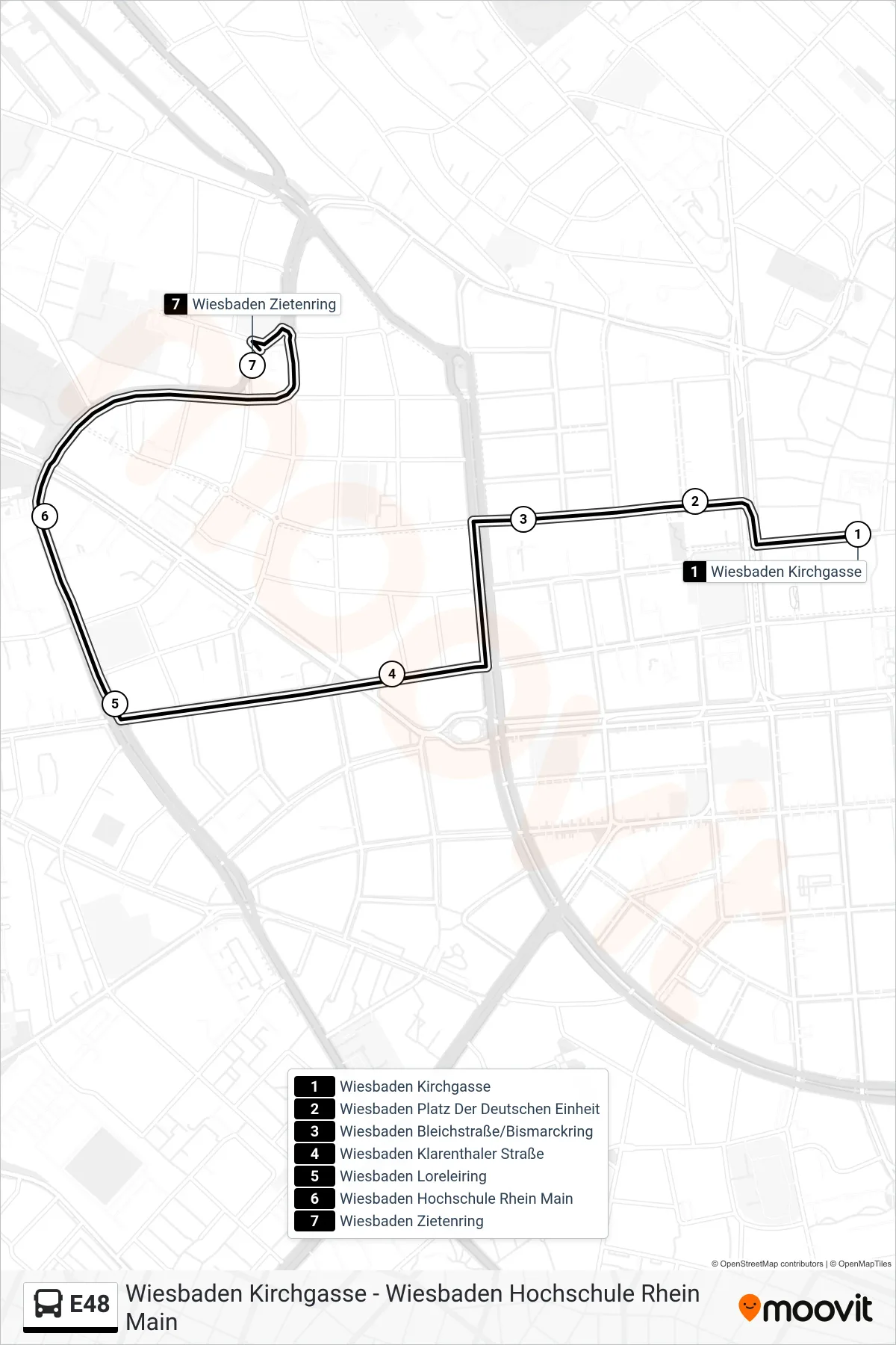 Linie E48 (Bus) Richtung Wiesbaden Zietenring: Route und Haltestellen auf der Karte