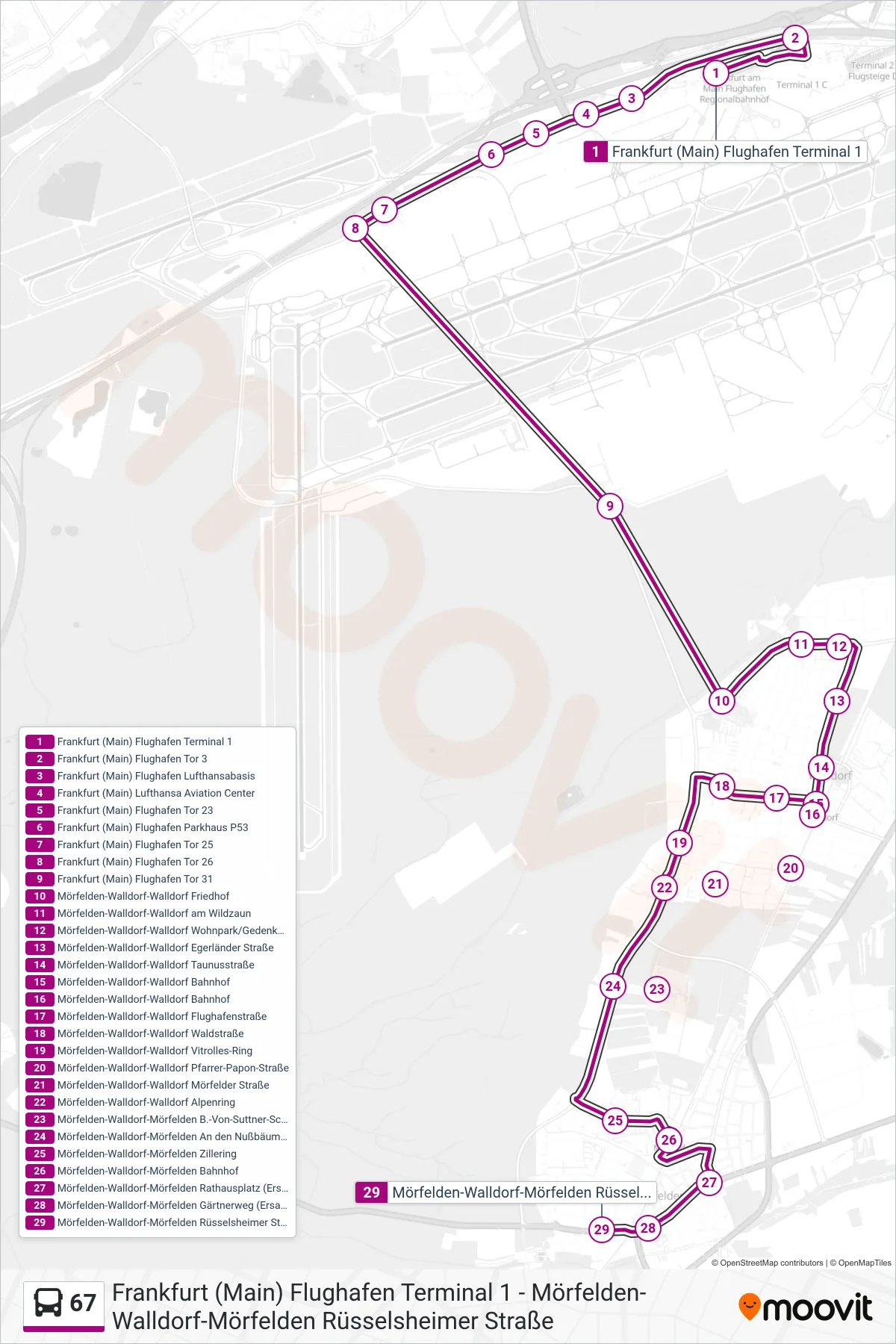 Linie 67 (Bus) Richtung Mörfelden-Walldorf-Mörfelden Rüsselsheimer Straße: Route und Haltestellen auf der Karte
