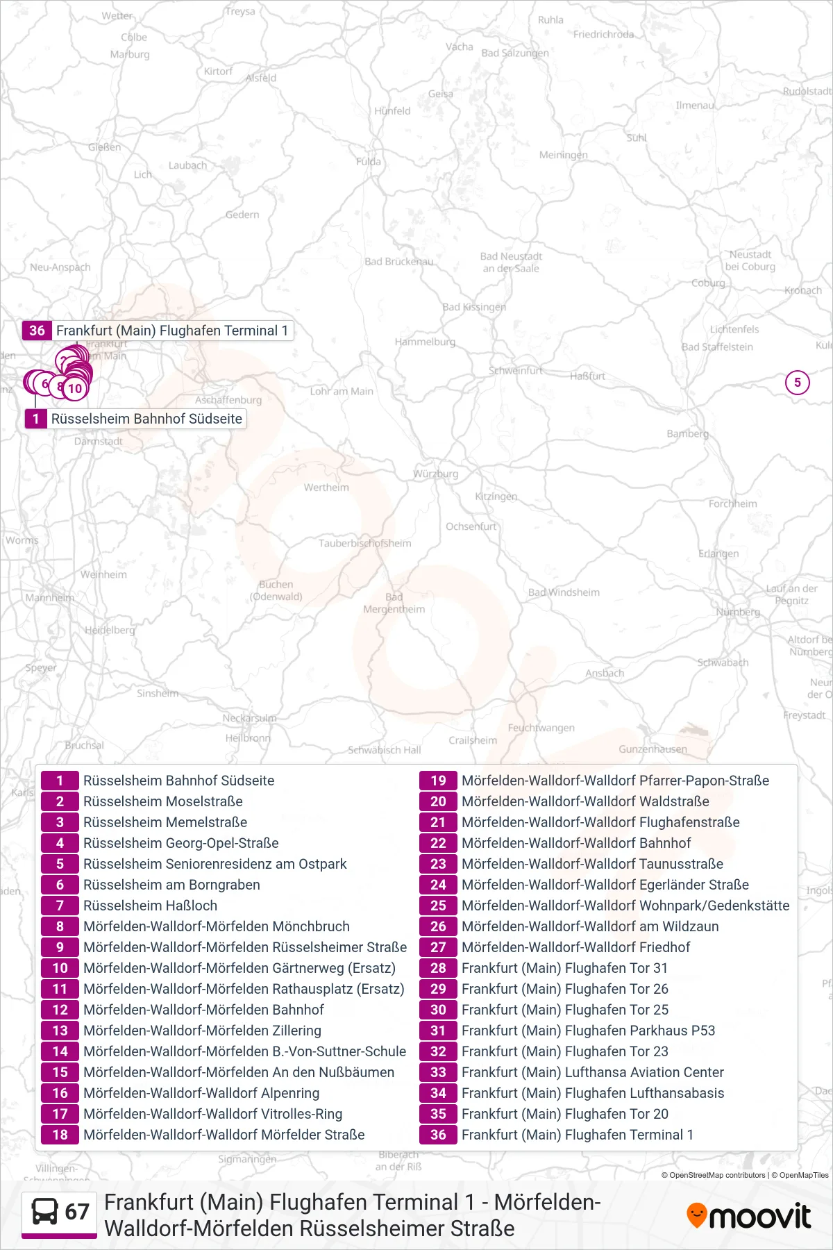 67 bus Line (Frankfurt (Main) Flughafen Terminal 1) route and stops on a map