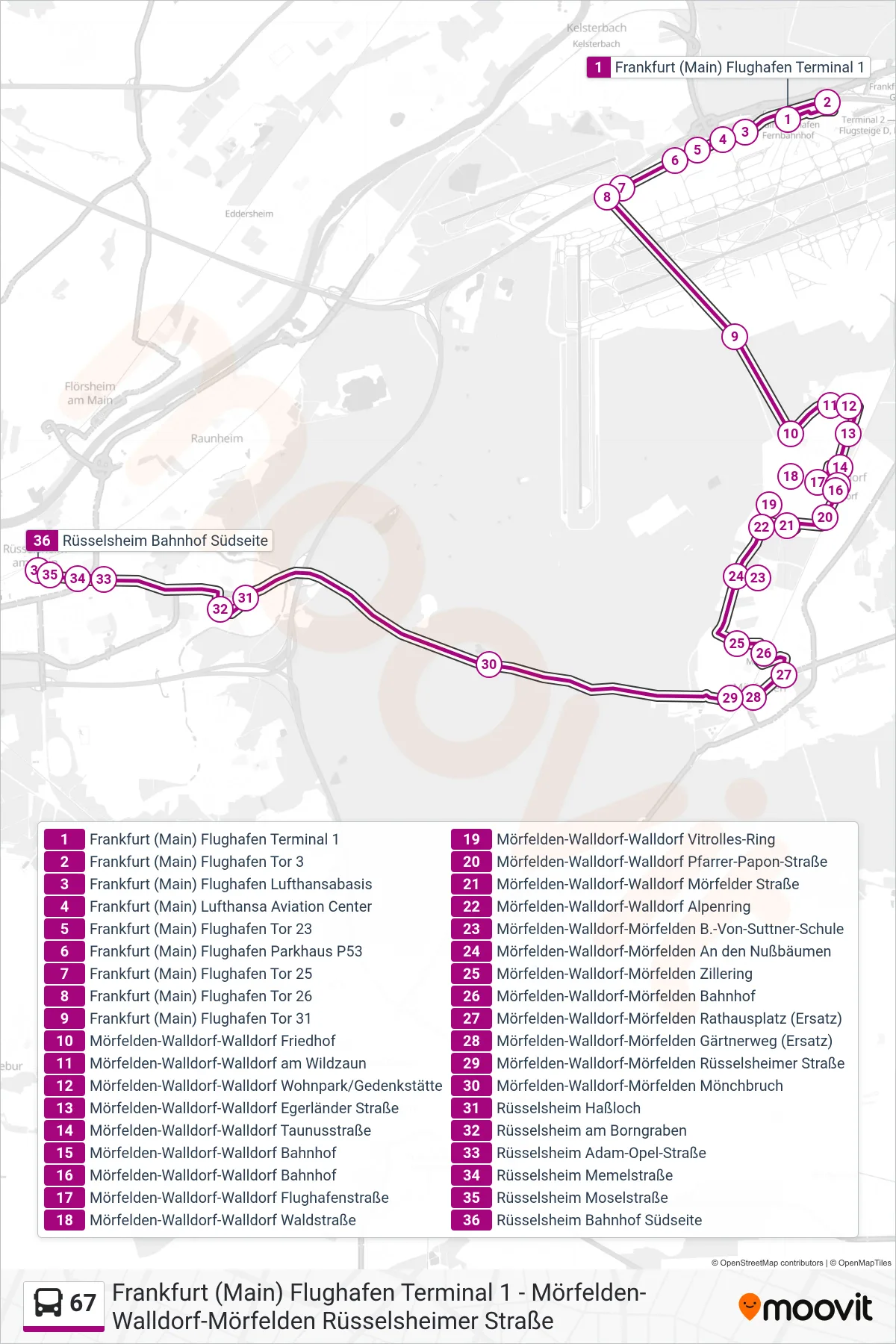 67 bus Line (Rüsselsheim Bahnhof Südseite) route and stops on a map