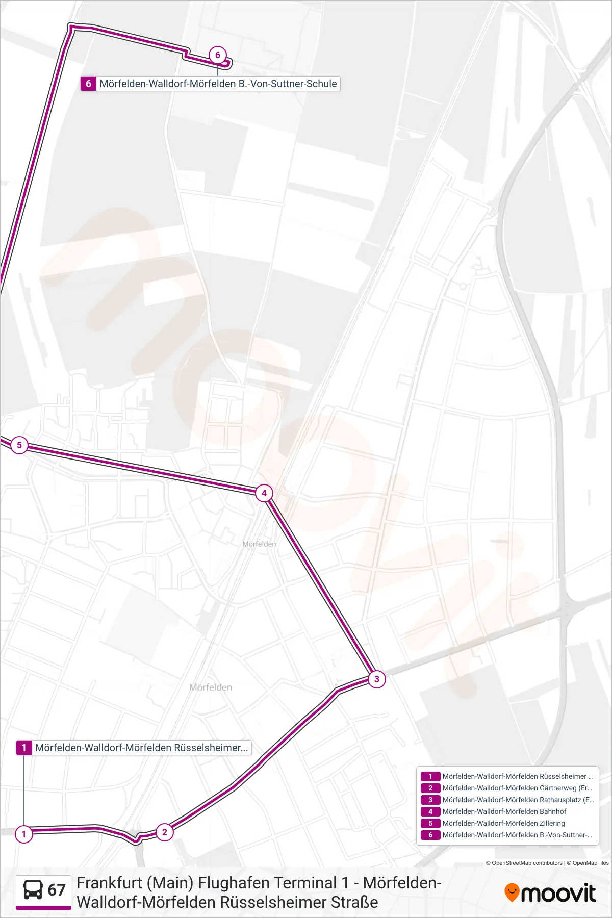 67 bus Line (Mörfelden-Walldorf-Mörfelden B.-Von-Suttner-Schule) route and stops on a map