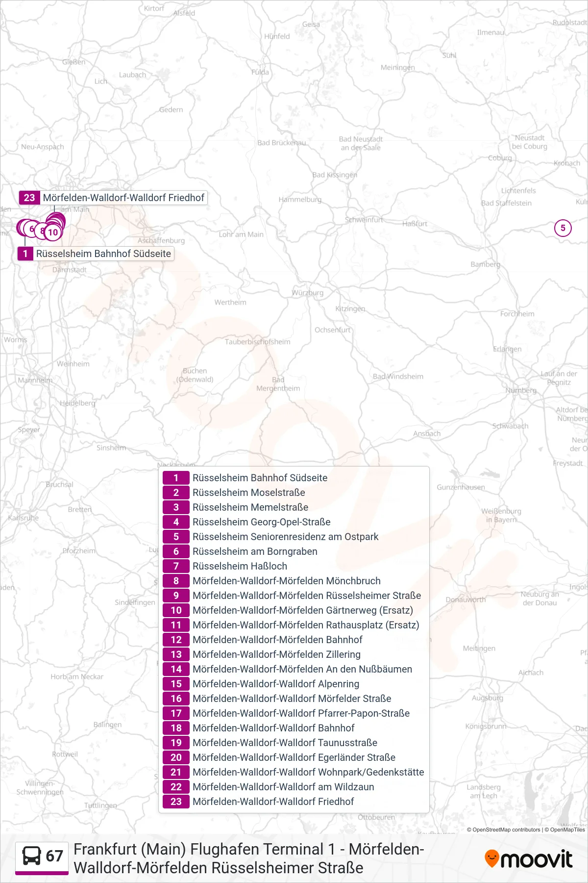 67 bus Line (Mörfelden-Walldorf-Walldorf Friedhof) route and stops on a map