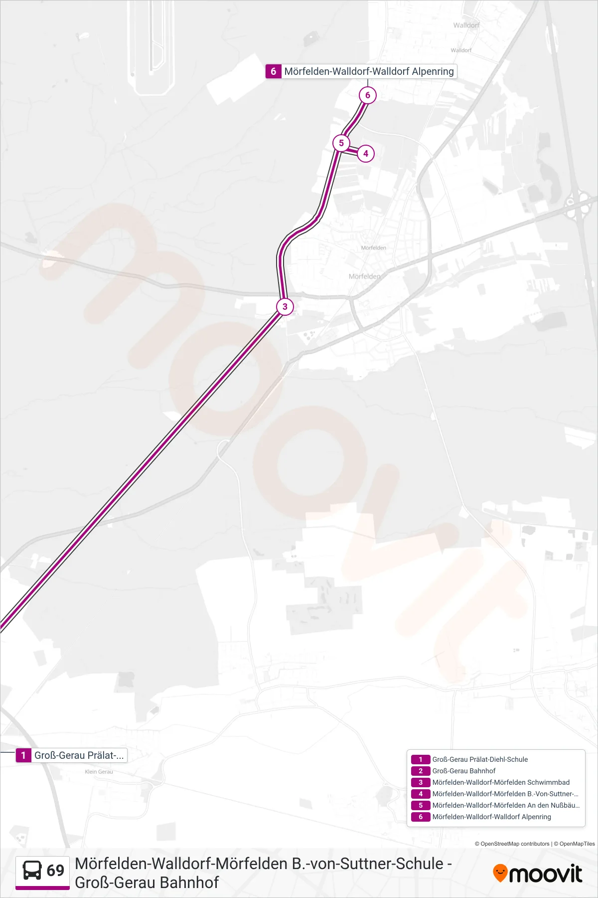 69 bus Line (Mörfelden-Walldorf-Walldorf Alpenring) route and stops on a map