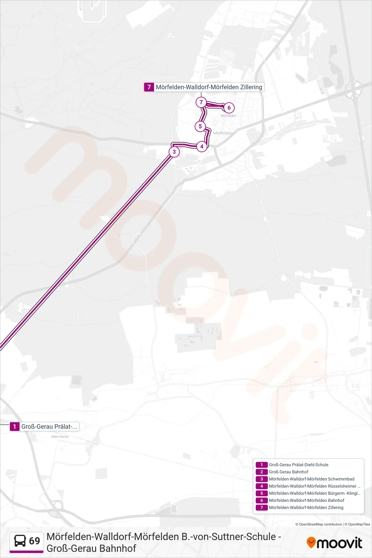 69 bus Line (Mörfelden-Walldorf-Mörfelden Zillering) route and stops on a map