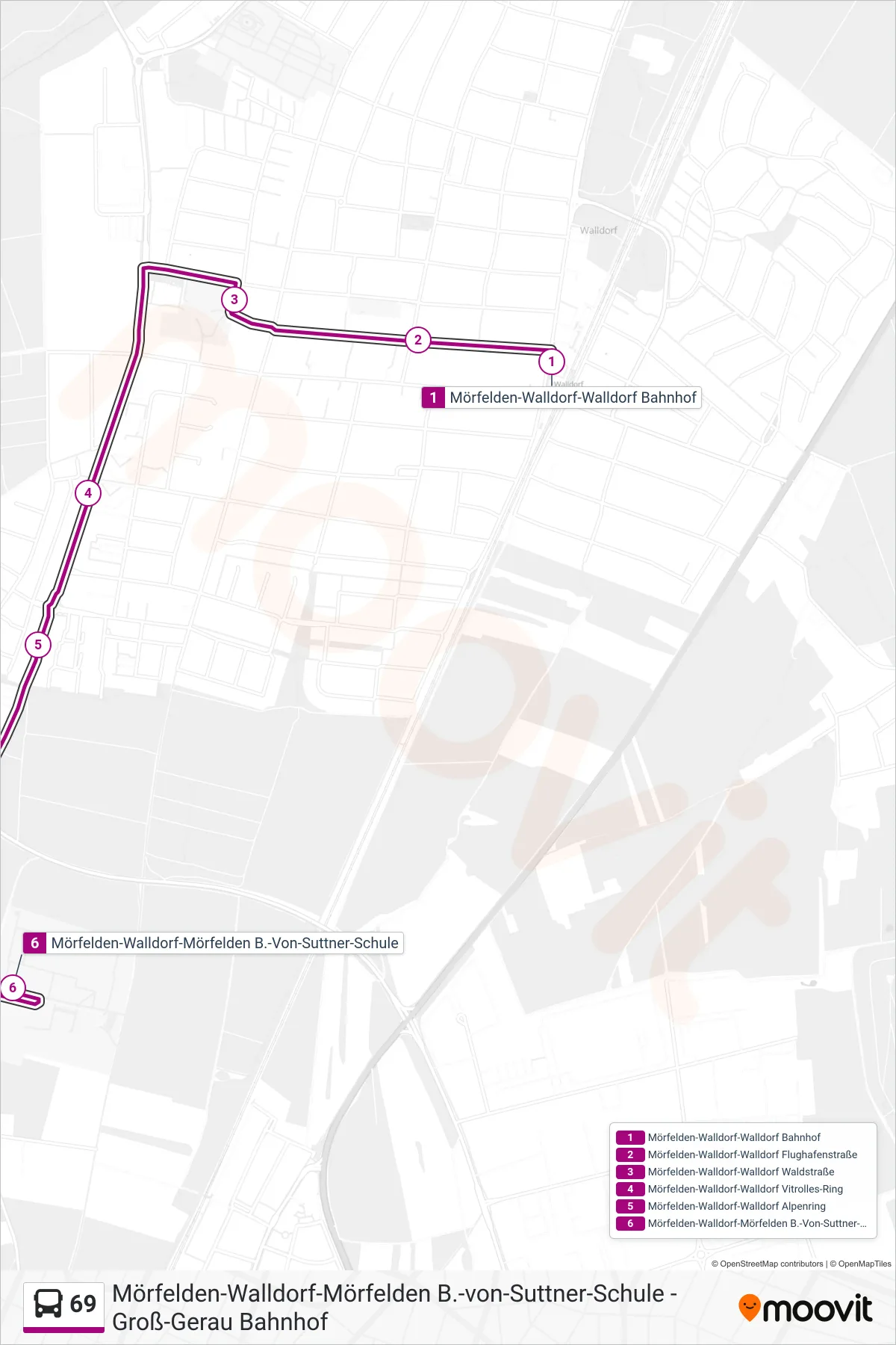 69 bus Line (Mörfelden-Walldorf-Mörfelden B.-Von-Suttner-Schule) route and stops on a map