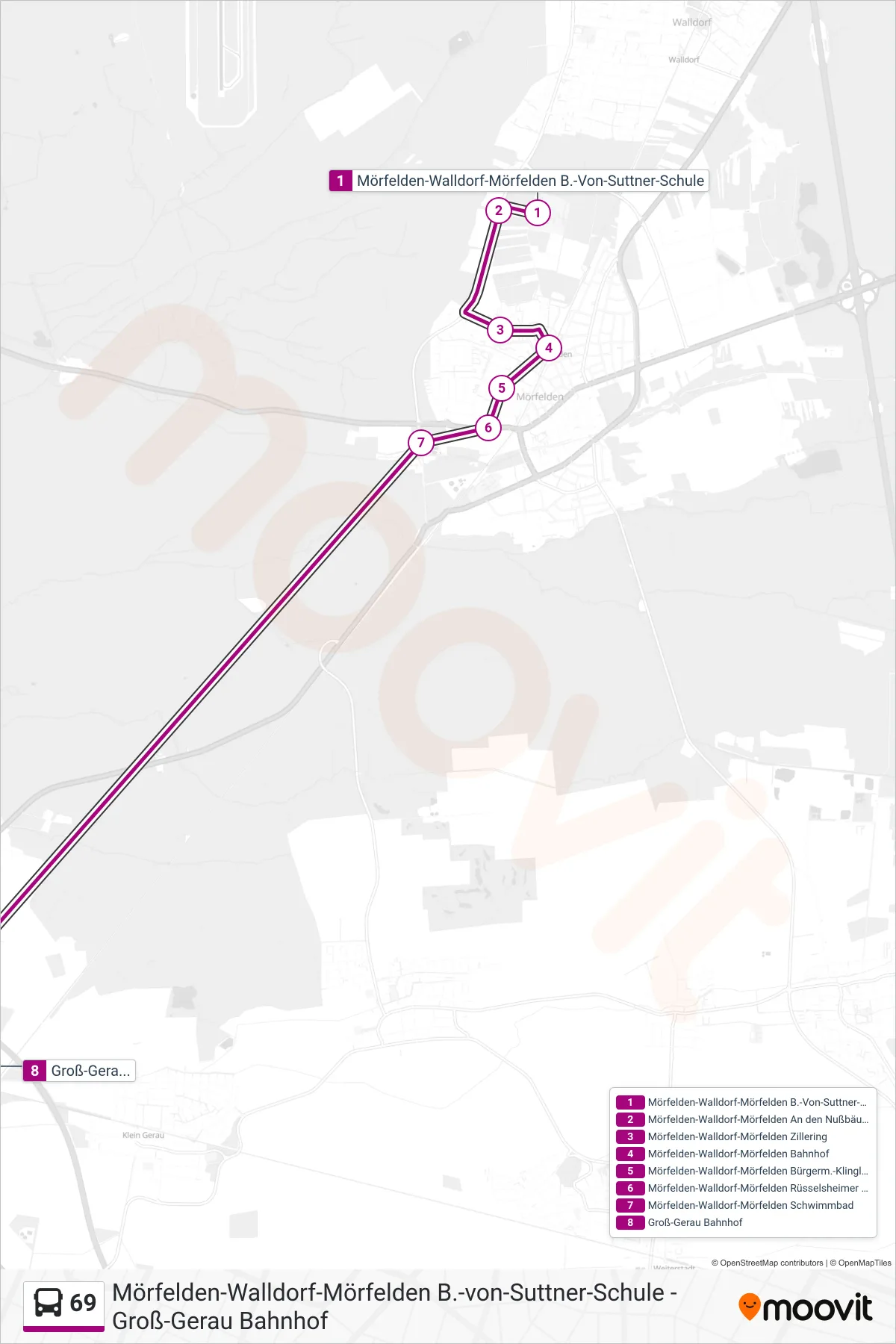 69 bus Line (Groß-Gerau Bahnhof) route and stops on a map