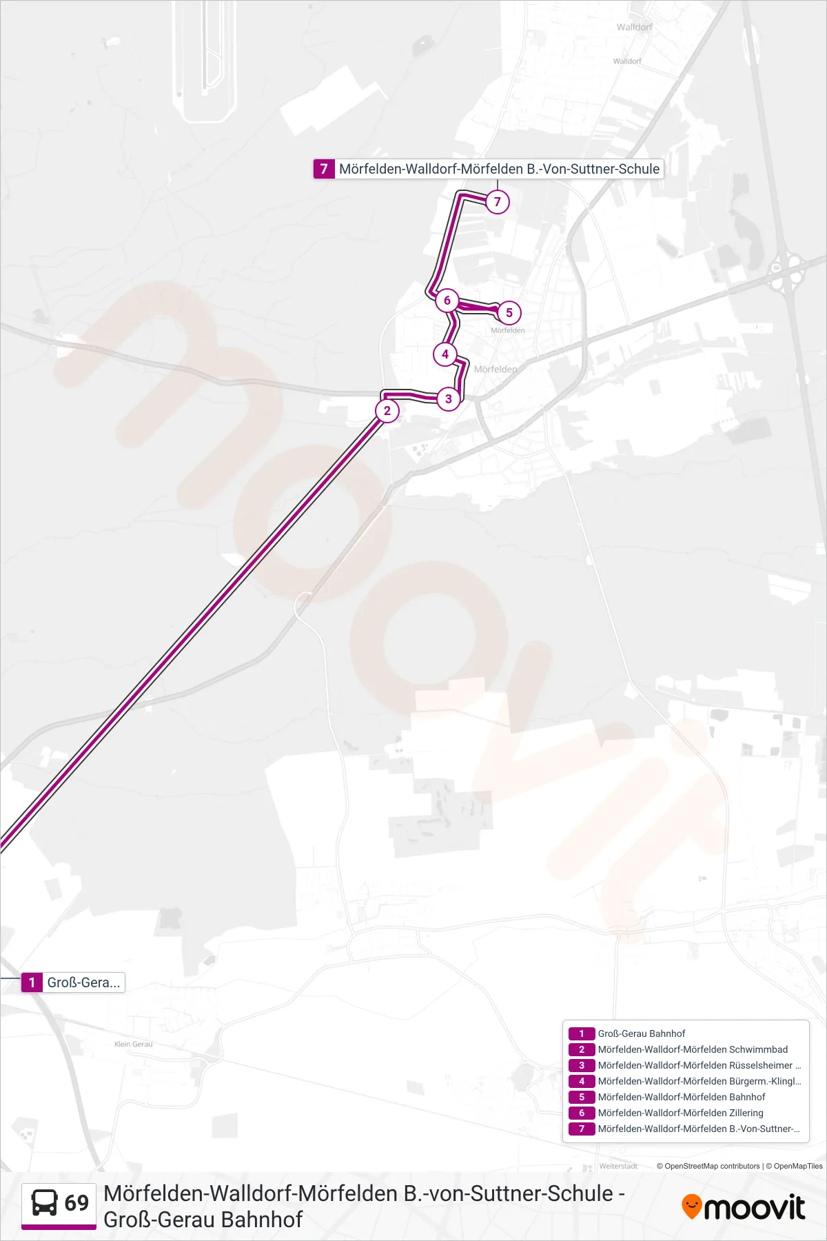 69 bus Line (Mörfelden-Walldorf-Mörfelden B.-Von-Suttner-Schule) route and stops on a map