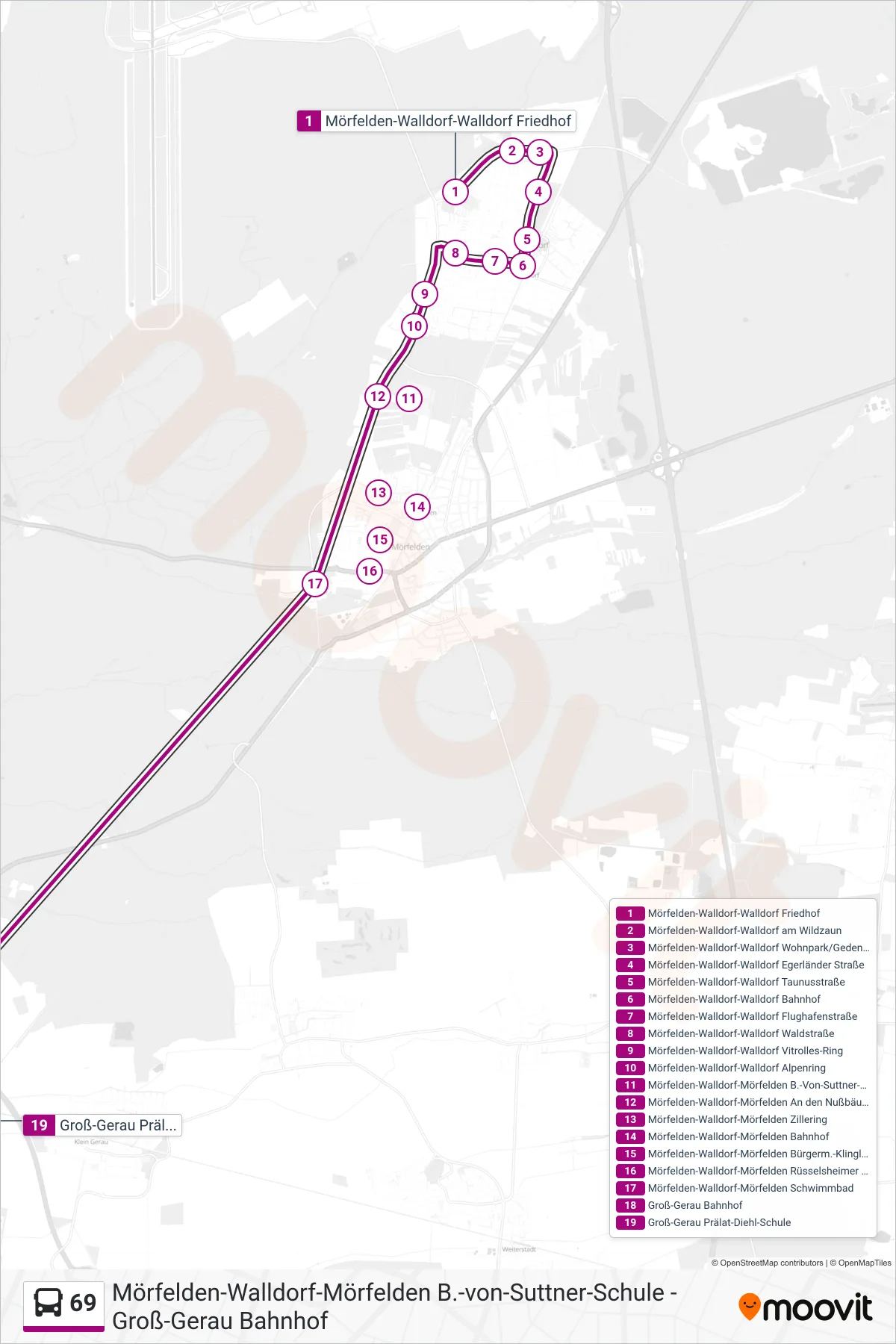 Linie 69 (Bus) Richtung Groß-Gerau Prälat-Diehl-Schule: Route und Haltestellen auf der Karte
