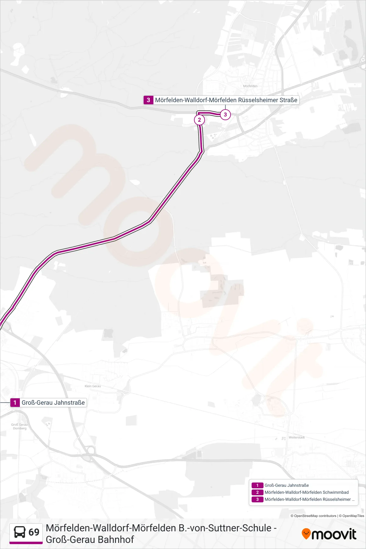 69 bus Line (Mörfelden-Walldorf-Mörfelden Rüsselsheimer Straße) route and stops on a map