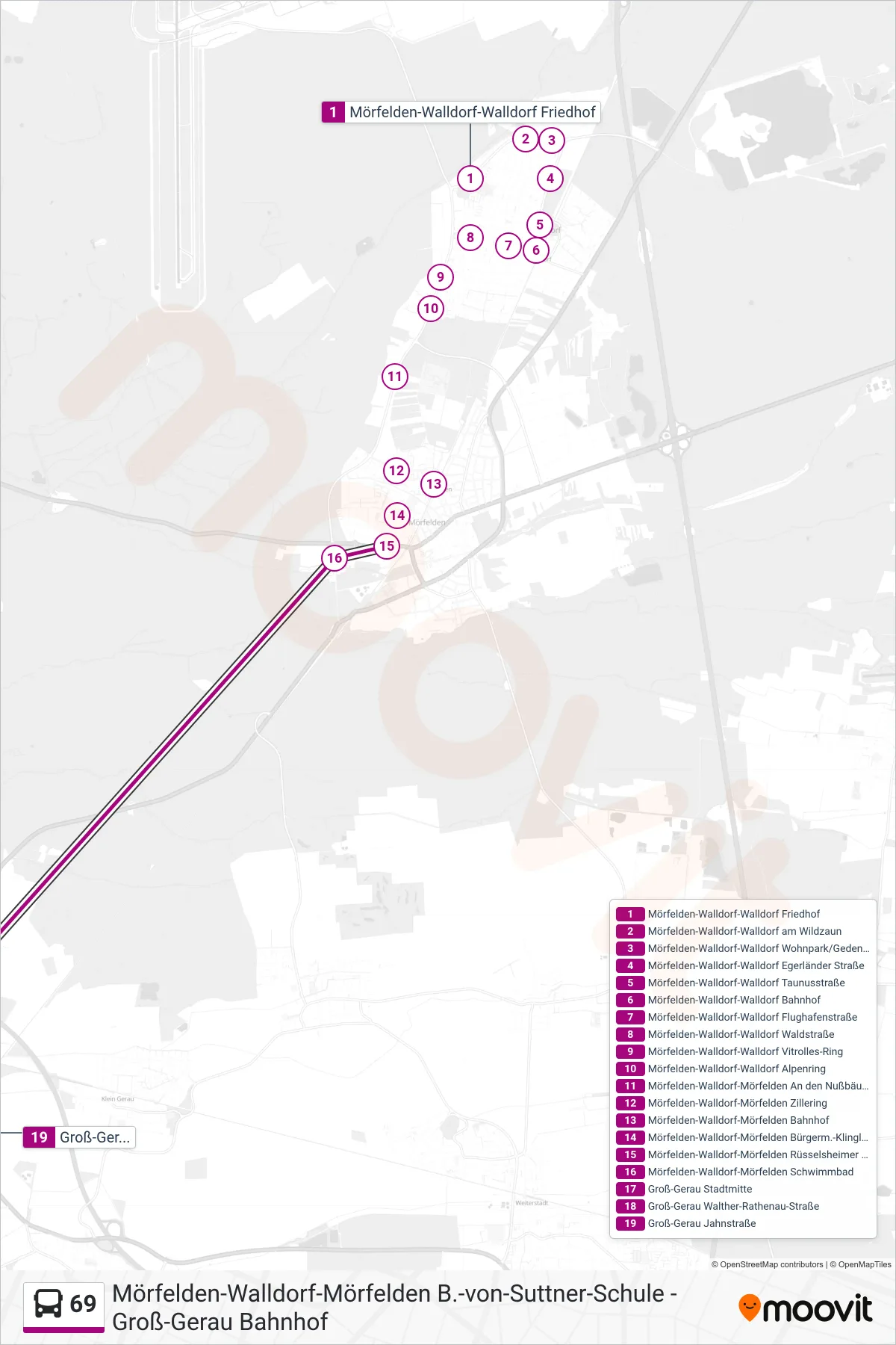 69 bus Line (Groß-Gerau Jahnstraße) route and stops on a map
