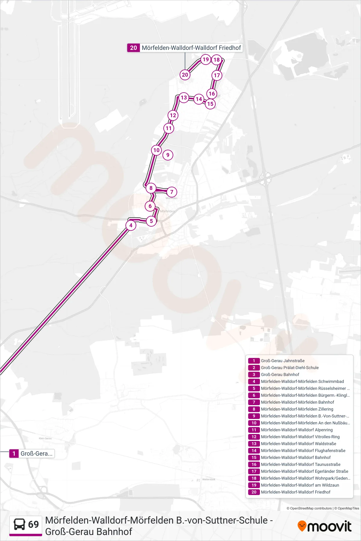 69 bus Line (Mörfelden-Walldorf-Walldorf Friedhof) route and stops on a map