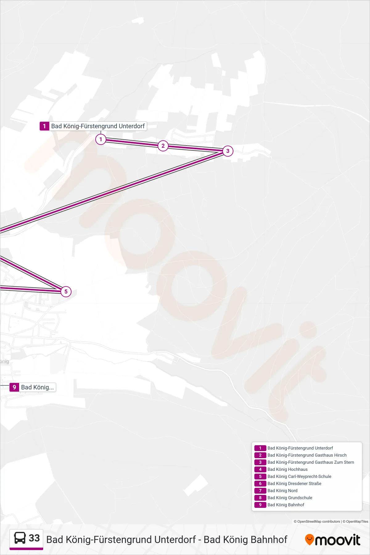 33 bus Line (Bad König) route and stops on a map
