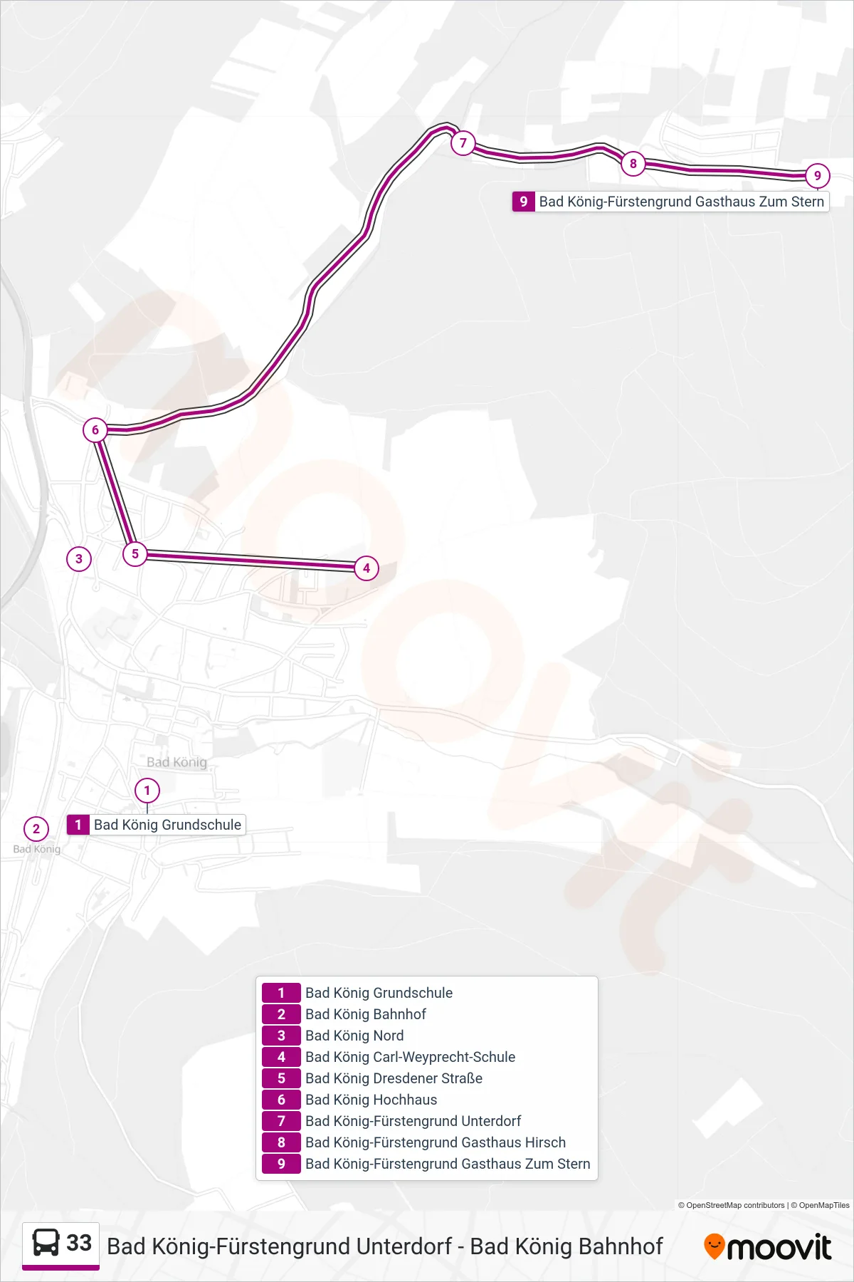 33 bus Line (Fürstengrund) route and stops on a map