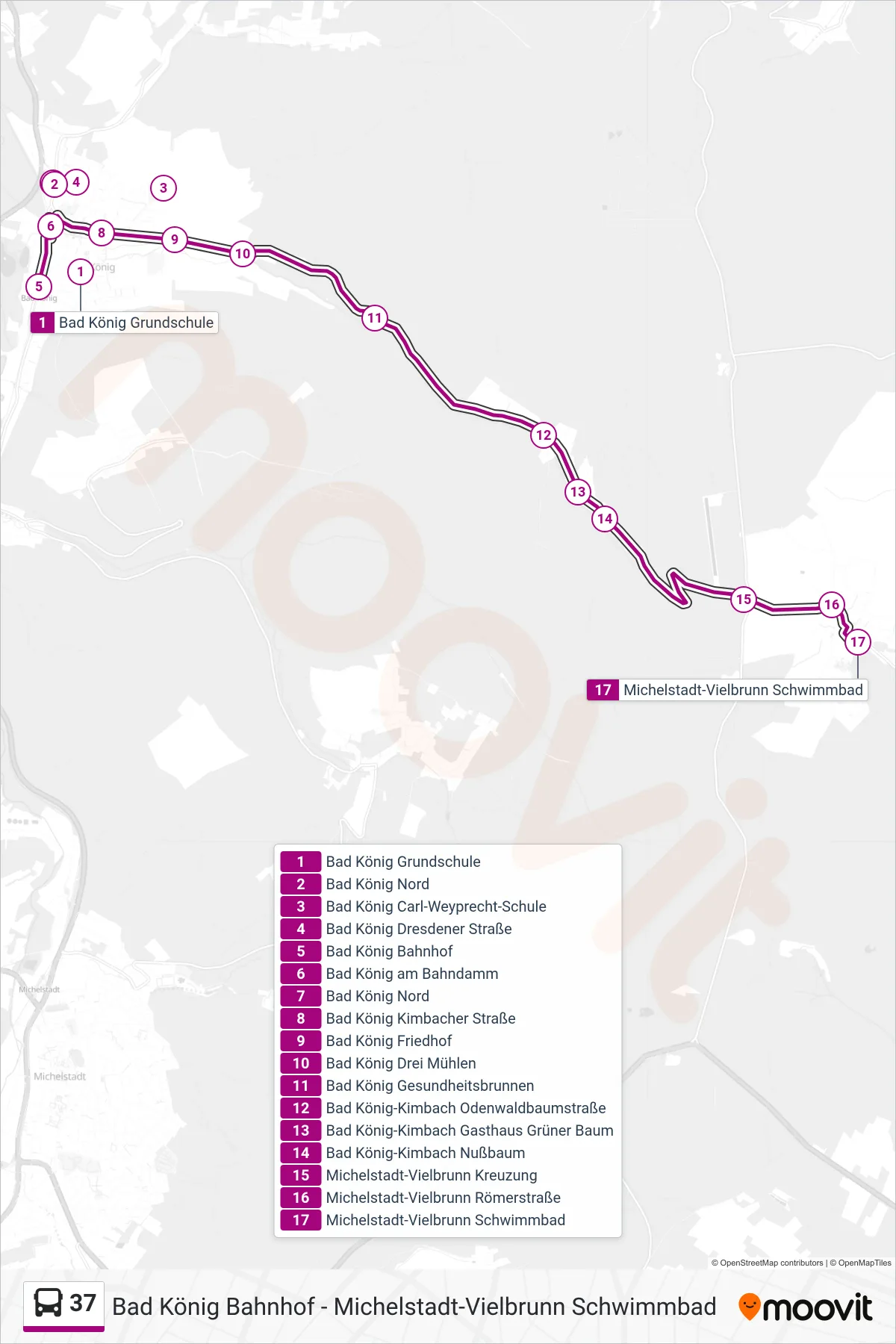 Linie 37 (Bus) Richtung Vielbrunn - Kimbach: Route und Haltestellen auf der Karte