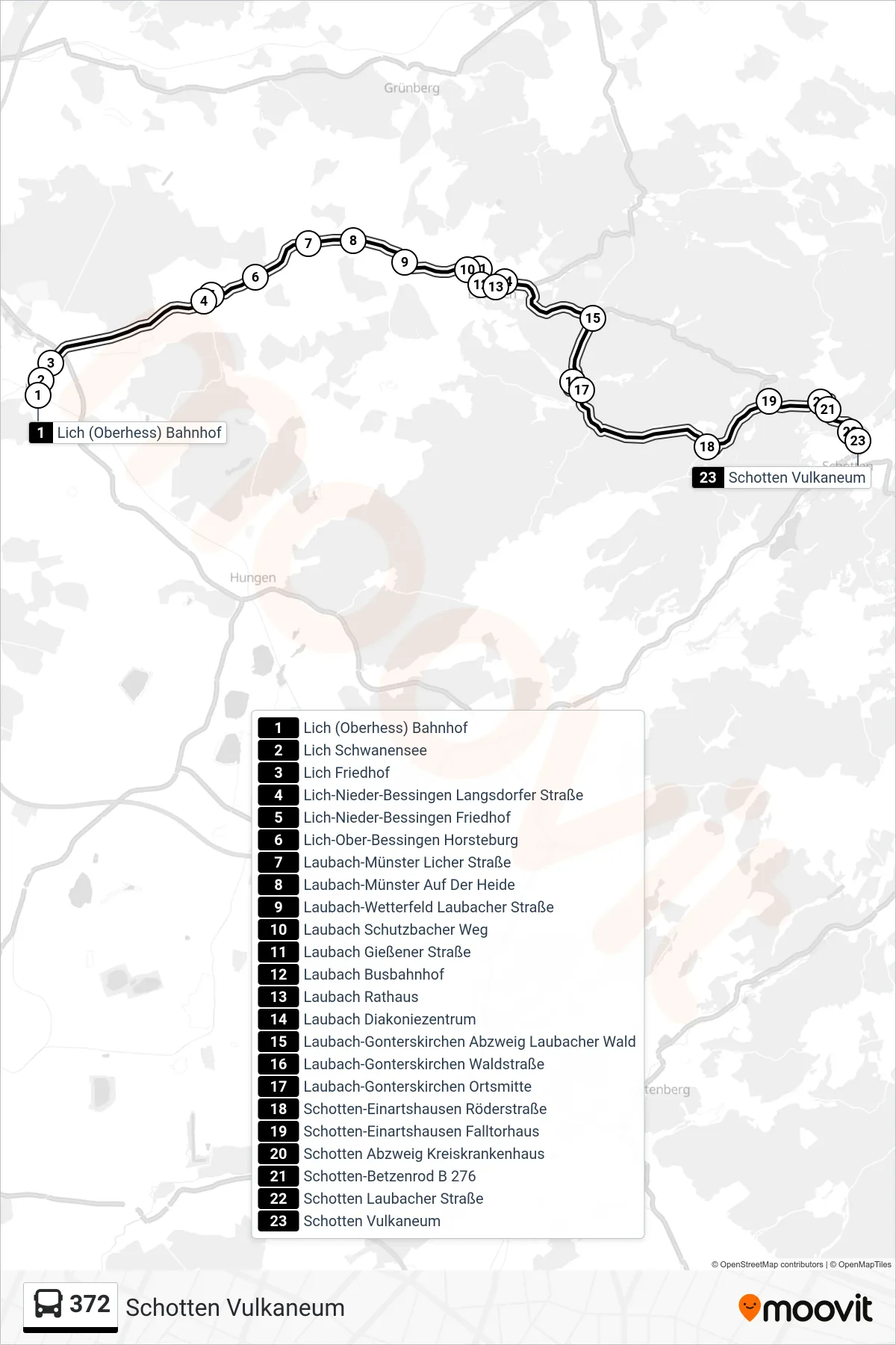 372 bus Line (Schotten Vulkaneum) route and stops on a map