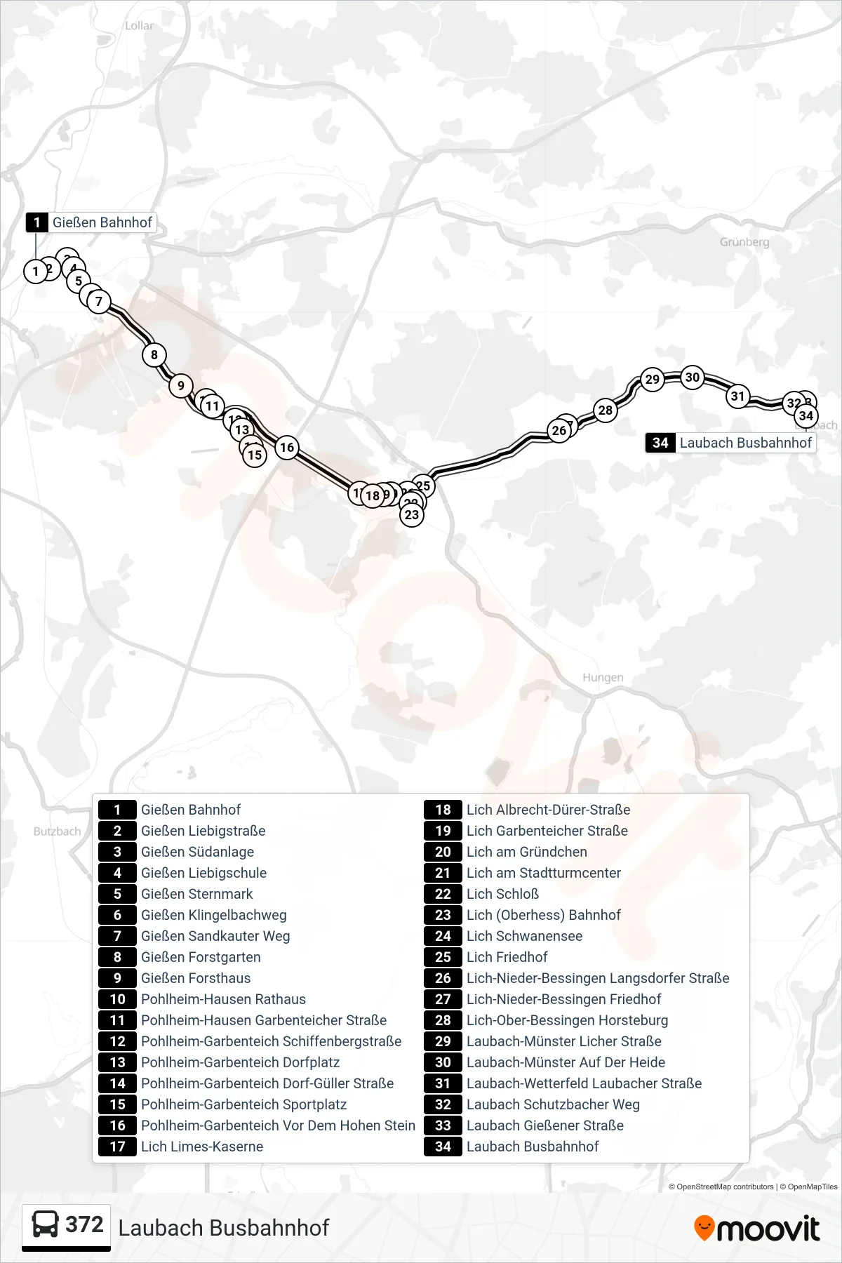Linie 372 (Bus) Richtung Laubach Busbahnhof: Route und Haltestellen auf der Karte
