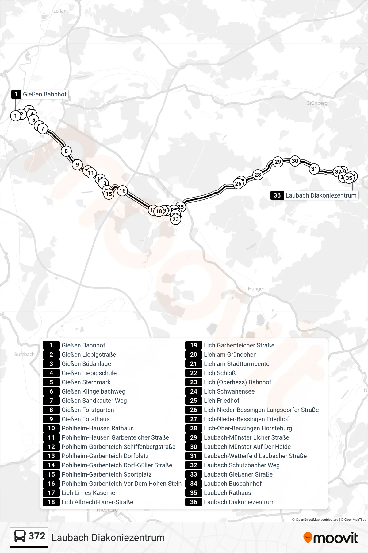 Linie 372 (Bus) Richtung Laubach Diakoniezentrum: Route und Haltestellen auf der Karte