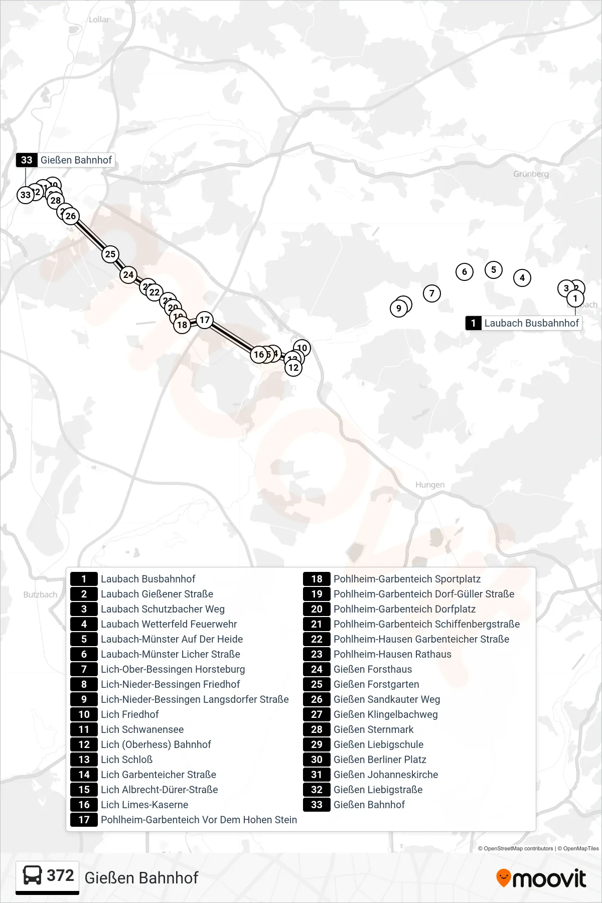 372 bus Line (Gießen Bahnhof) route and stops on a map