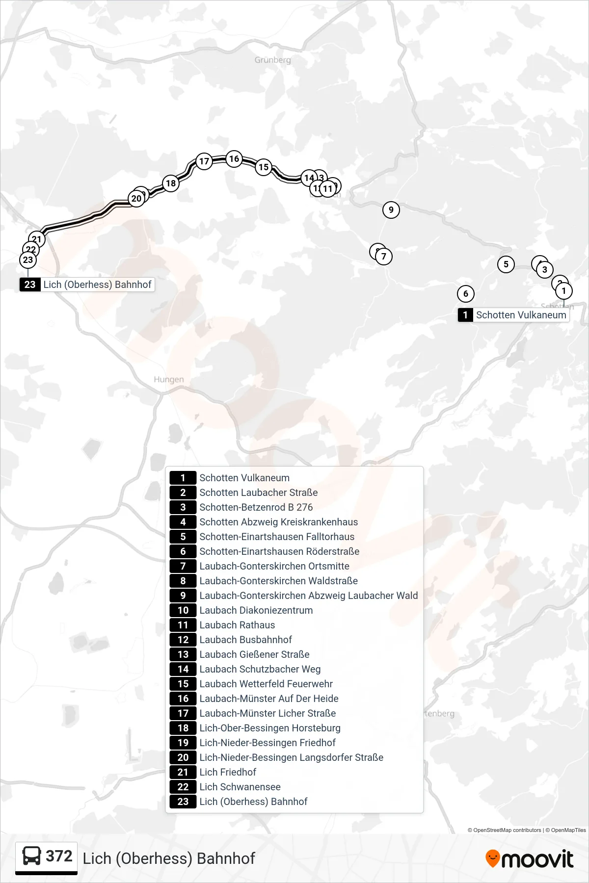 Linie 372 (Bus) Richtung Lich (Oberhess) Bahnhof: Route und Haltestellen auf der Karte