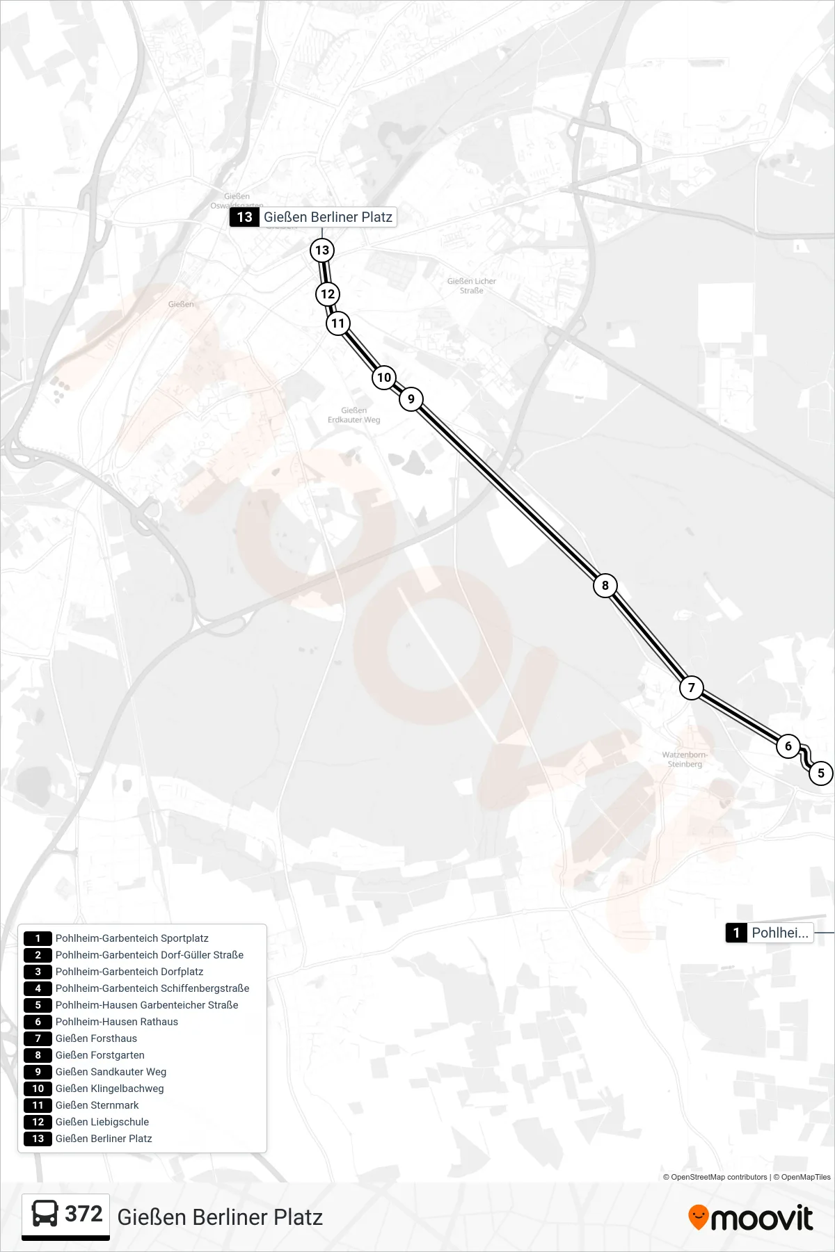 372 bus Line (Gießen Berliner Platz) route and stops on a map