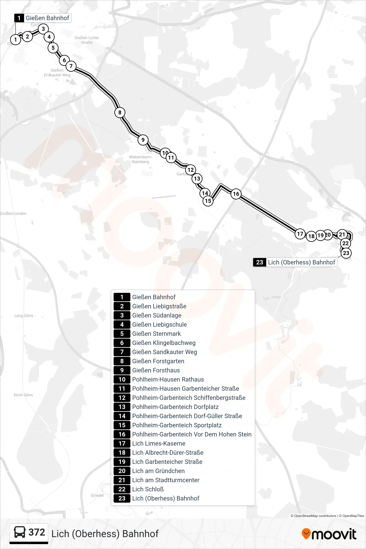 372 bus Line (Lich (Oberhess) Bahnhof) route and stops on a map