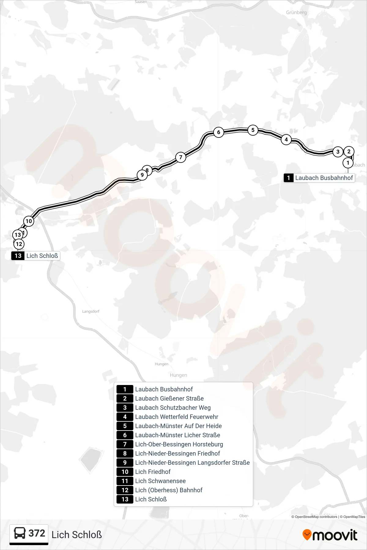 372 bus Line (Lich Schloß) route and stops on a map