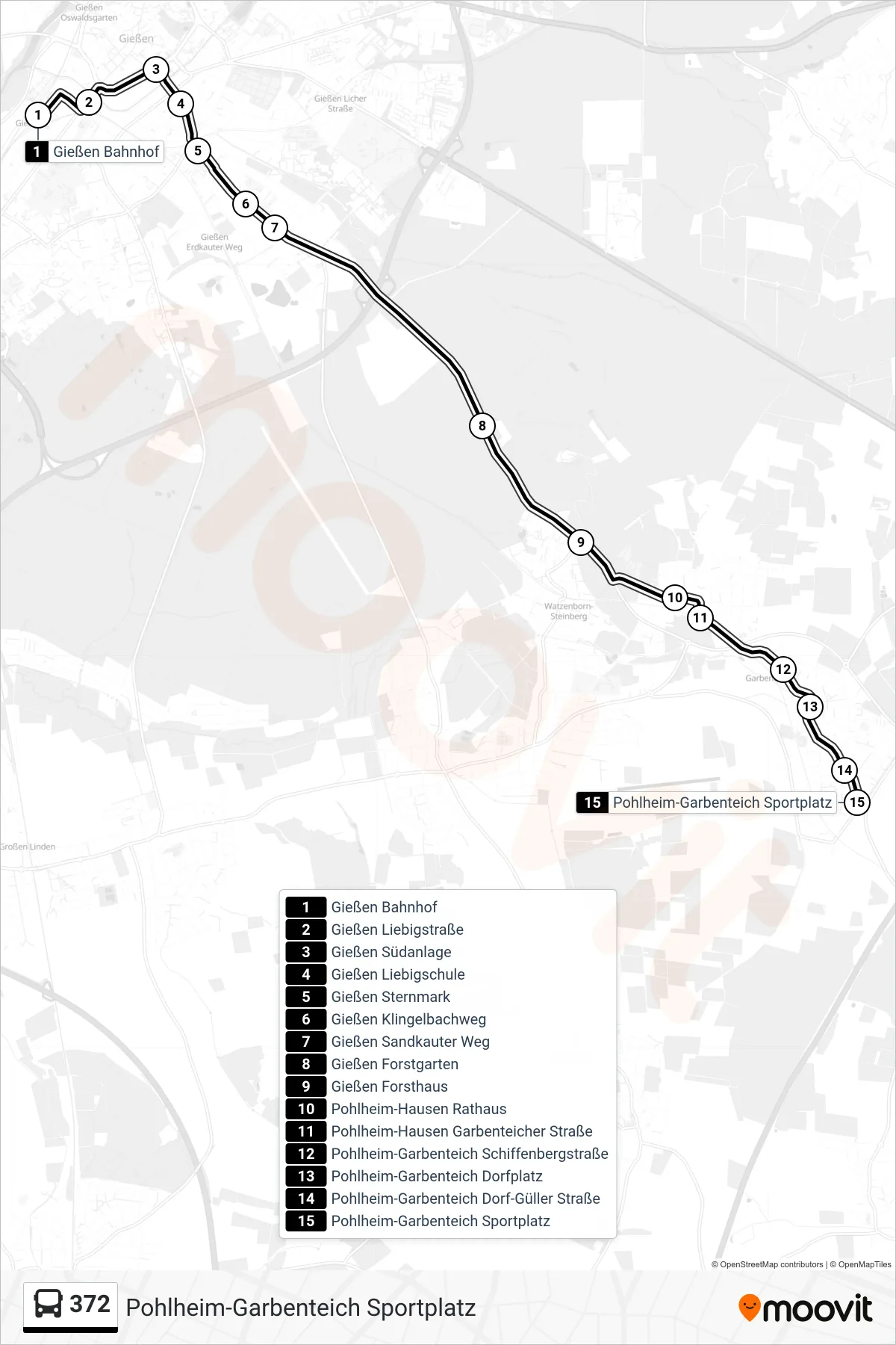 372 bus Line (Pohlheim-Garbenteich Sportplatz) route and stops on a map