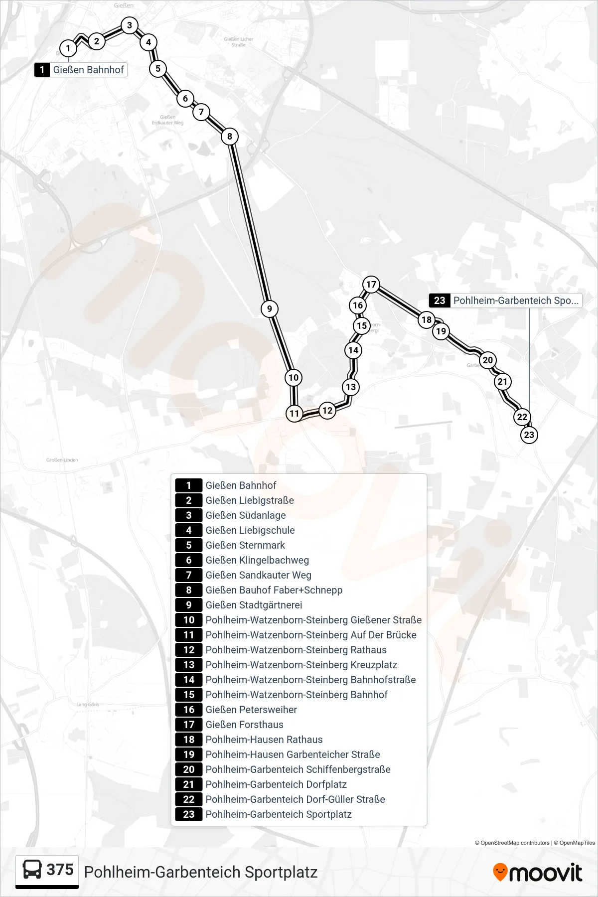 375 bus Line (Pohlheim-Garbenteich Sportplatz) route and stops on a map