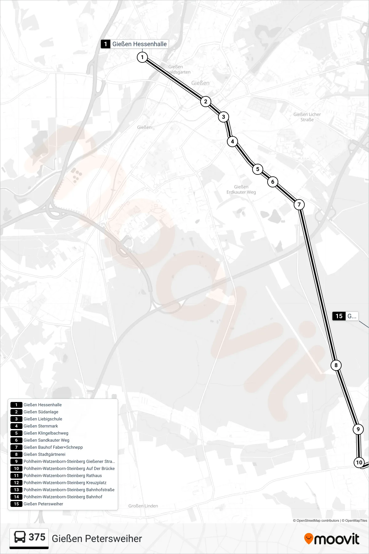 375 bus Line (Gießen Petersweiher) route and stops on a map