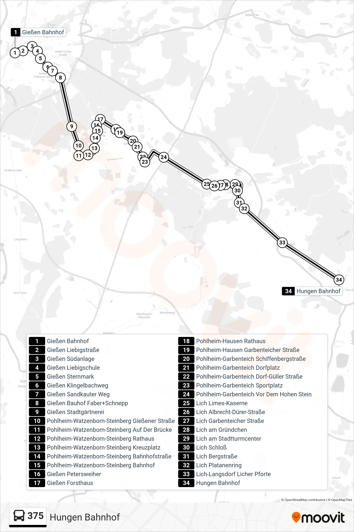 375 bus Line (Hungen Bahnhof) route and stops on a map