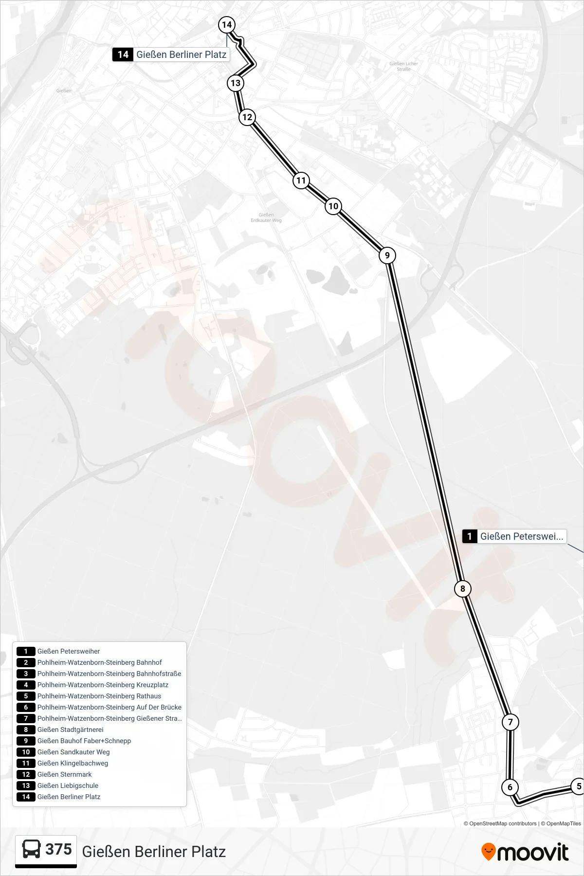 375 bus Line (Gießen Berliner Platz) route and stops on a map