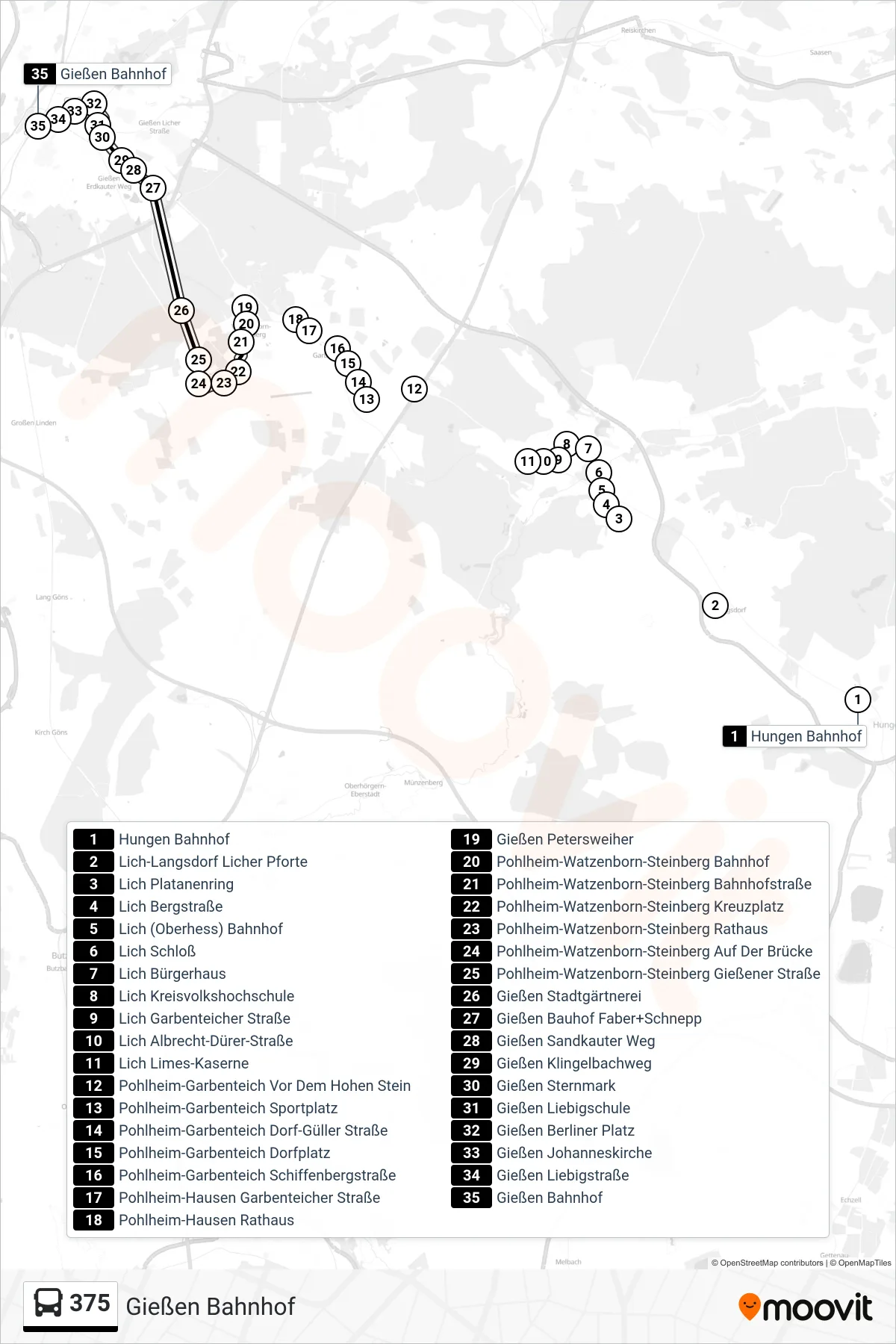 375 bus Line (Gießen Bahnhof) route and stops on a map