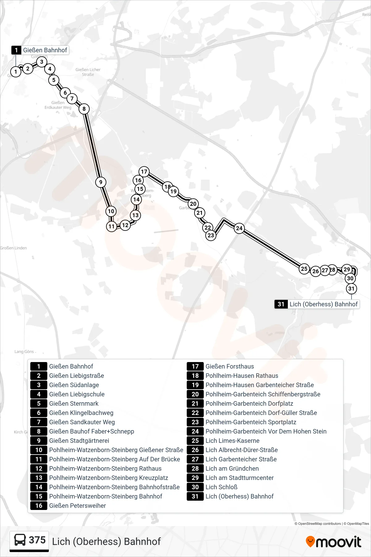 375 bus Line (Lich (Oberhess) Bahnhof) route and stops on a map