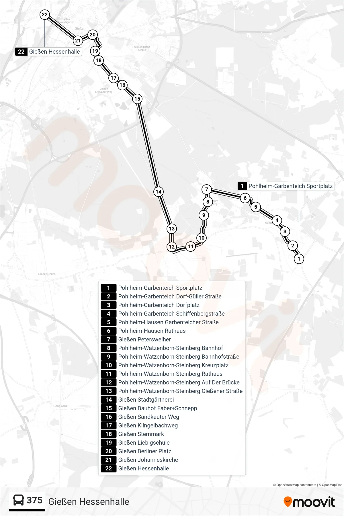 Linie 375 (Bus) Richtung Gießen Hessenhalle: Route und Haltestellen auf der Karte
