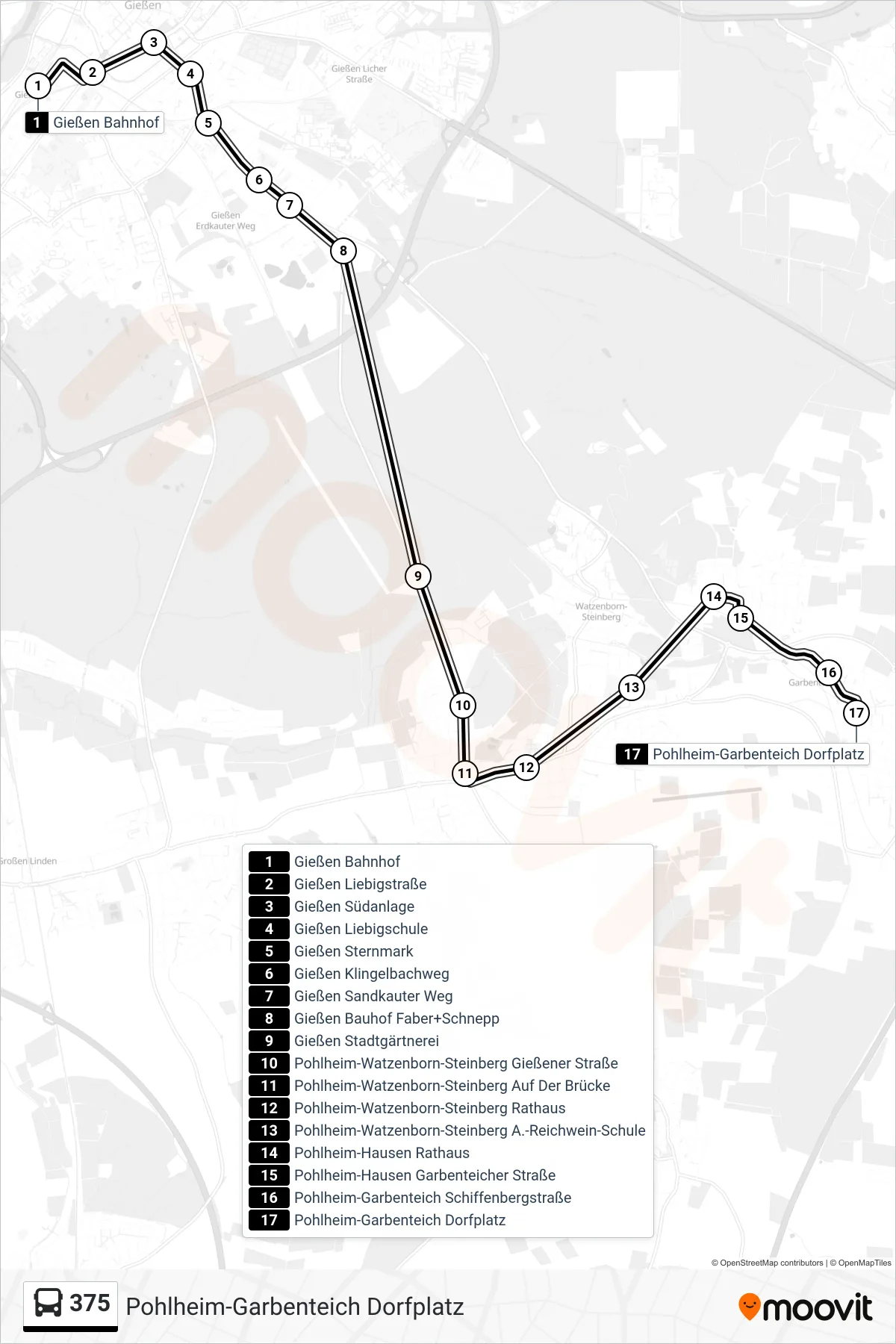 375 bus Line (Pohlheim-Garbenteich Dorfplatz) route and stops on a map