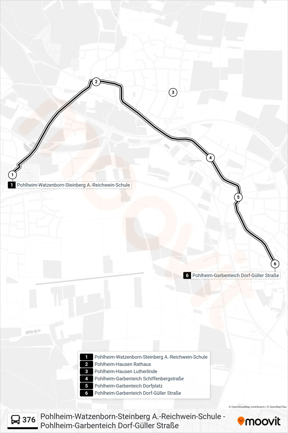 Linie 376 (Bus) Richtung Pohlheim-Garbenteich Dorf-Güller Straße: Route und Haltestellen auf der Karte