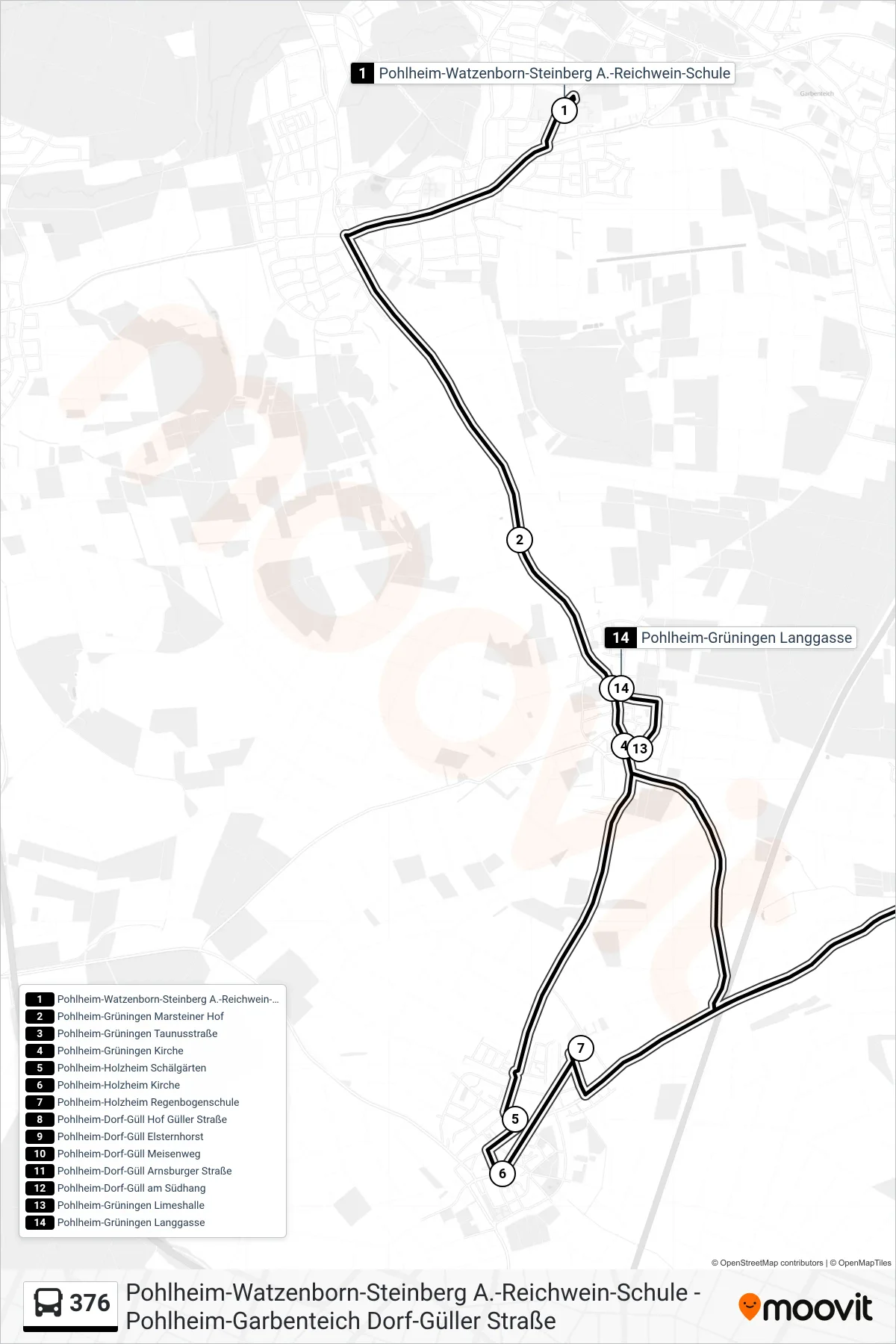 376 bus Line (Pohlheim-Grüningen Langgasse) route and stops on a map