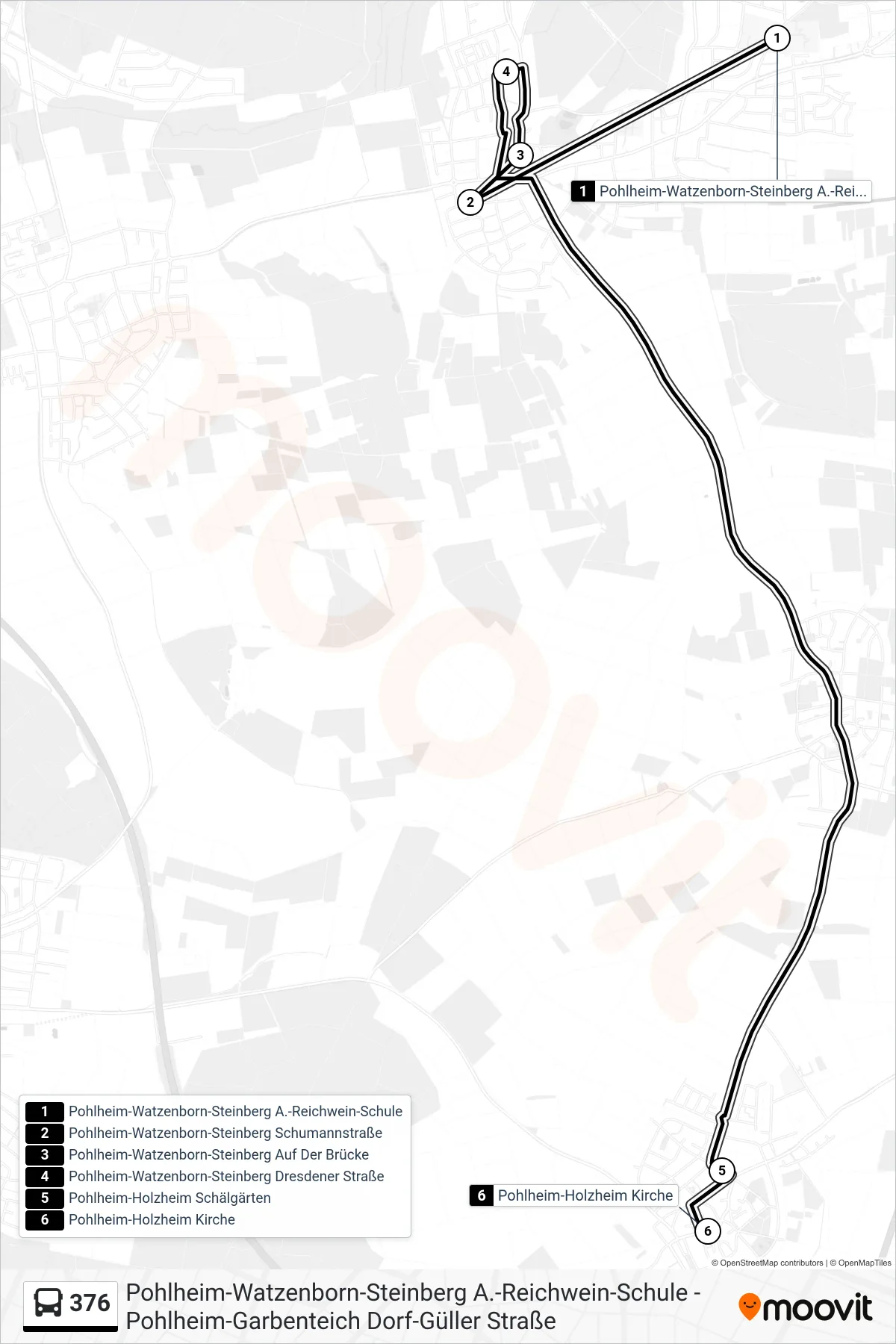 376 bus Line (Pohlheim-Holzheim Kirche) route and stops on a map