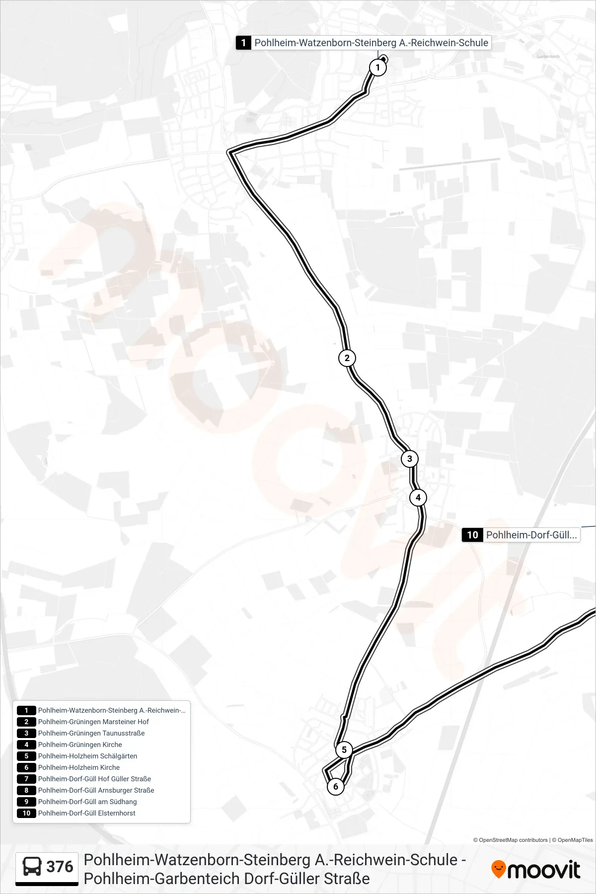 376 bus Line (Pohlheim-Dorf-Güll Elsternhorst) route and stops on a map