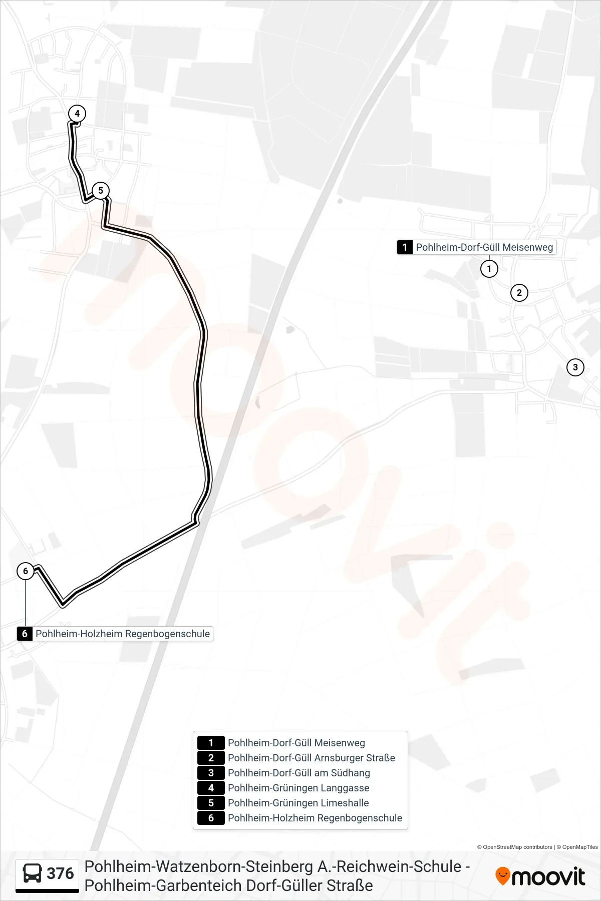 376 bus Line (Pohlheim-Holzheim Regenbogenschule) route and stops on a map
